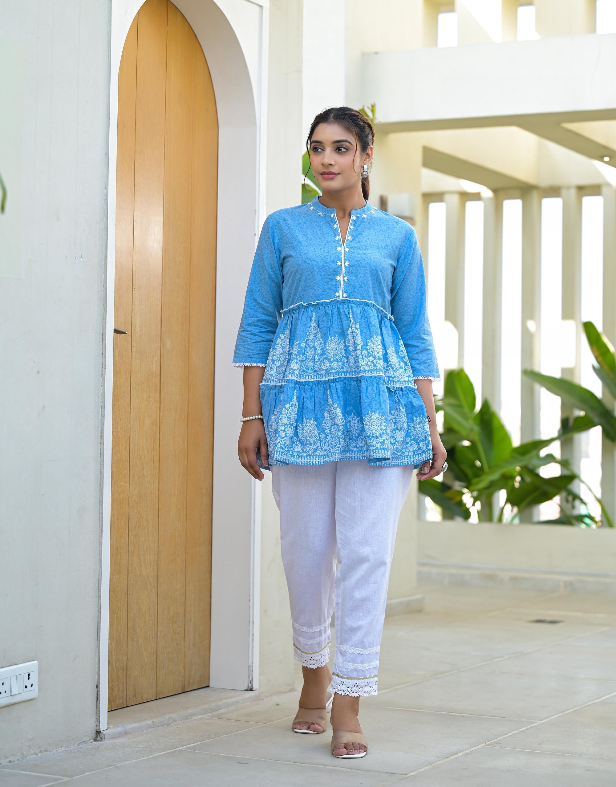 Powder Blue Ethnic Motif Printed Cotton Tunic With Thread Work & Sequins