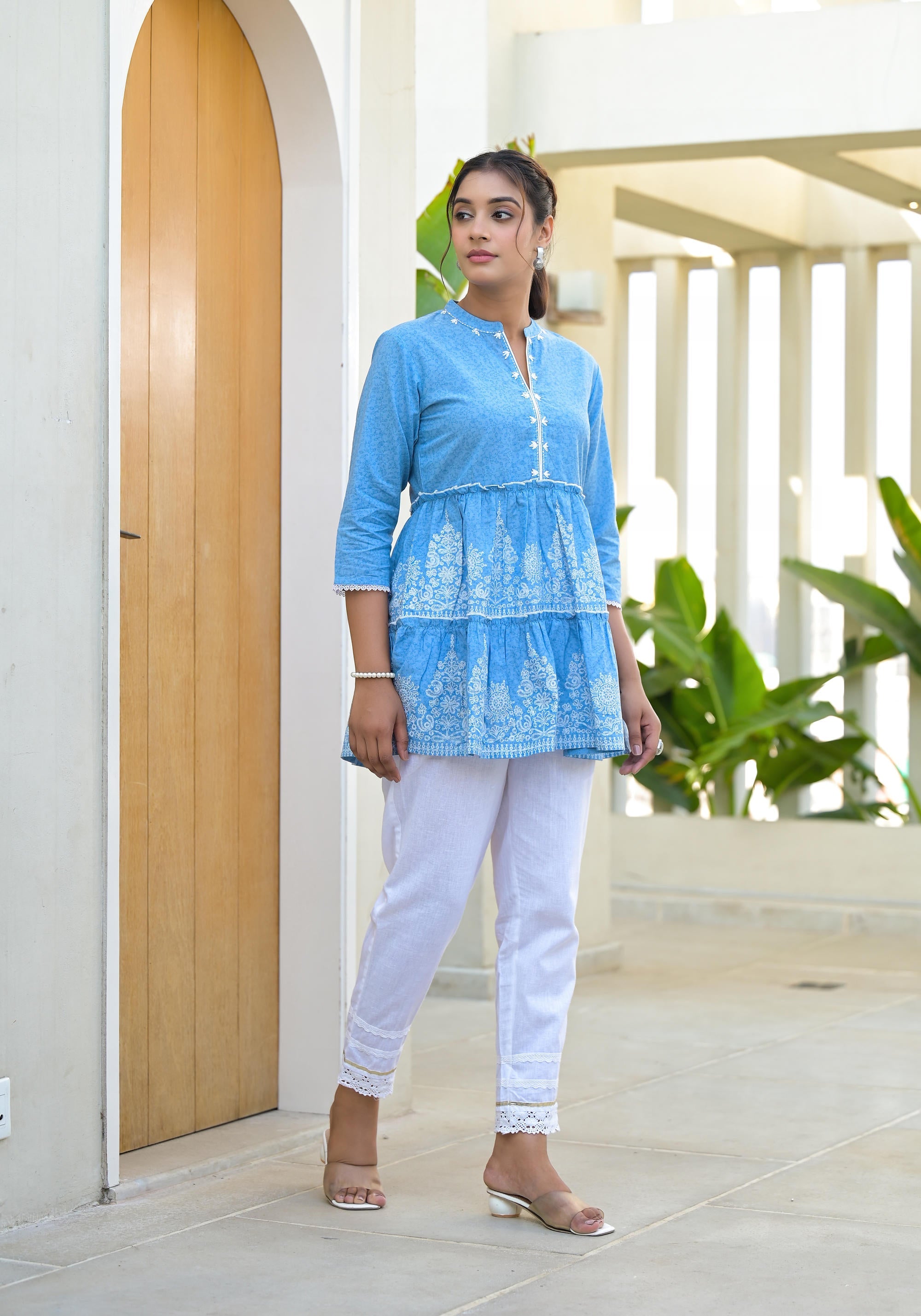 Powder Blue Ethnic Motif Printed Cotton Tunic With Thread Work & Sequins