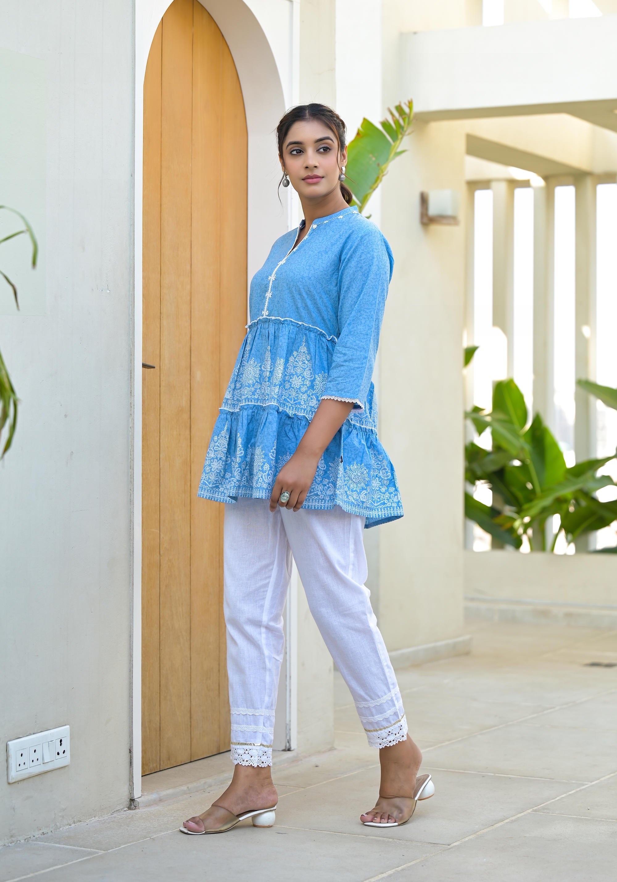 Powder Blue Ethnic Motif Printed Cotton Tunic With Thread Work & Sequins