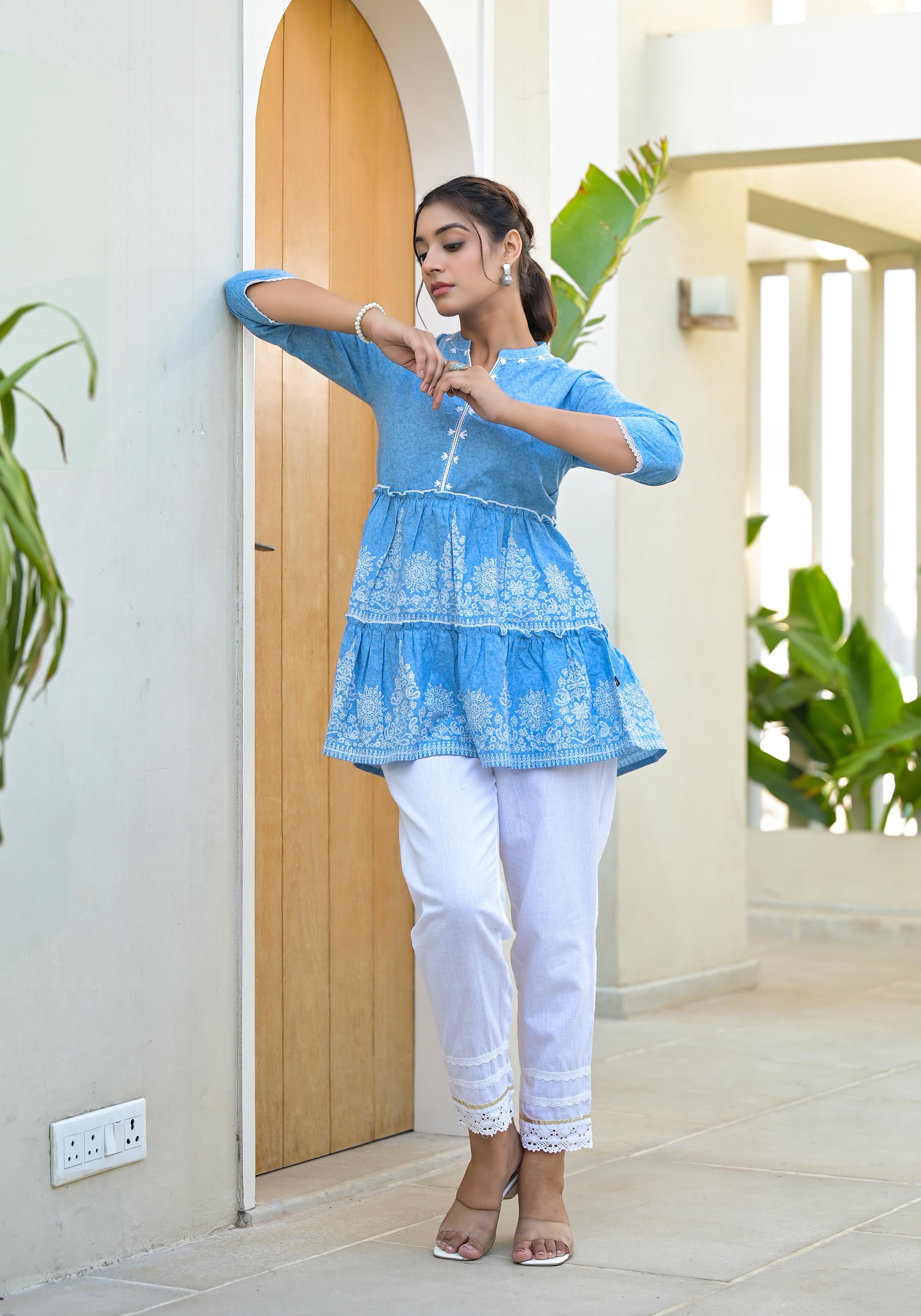 Powder Blue Ethnic Motif Printed Cotton Tunic With Thread Work & Sequins