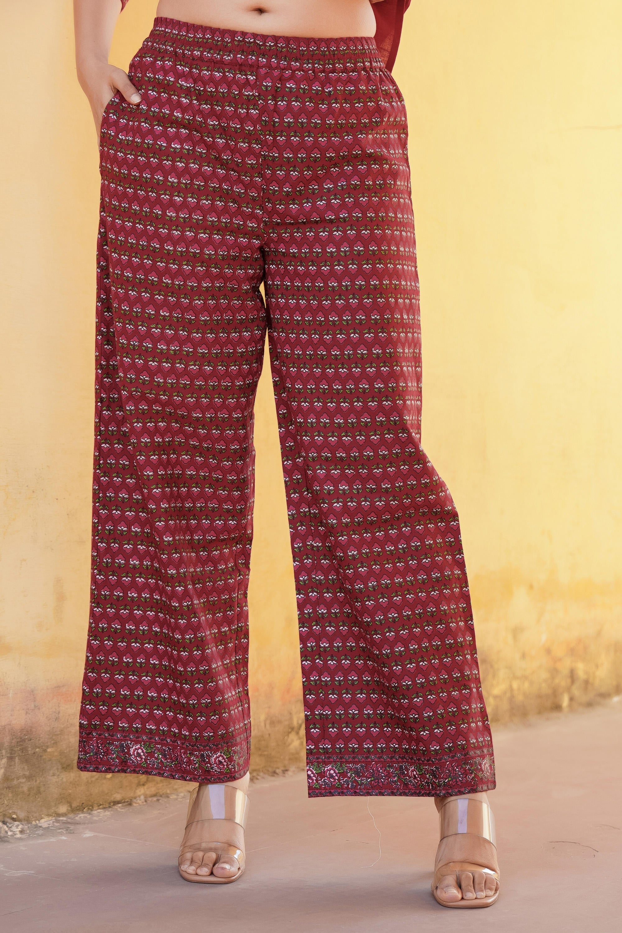 Maroon Floral Printed Viscose Kurta & Palazzo With Thread Work