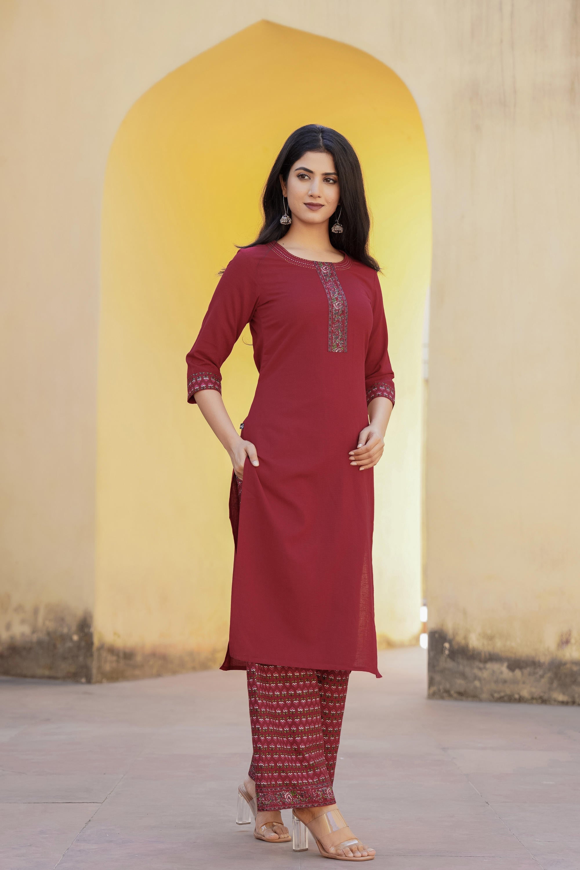 Maroon Floral Printed Viscose Kurta & Palazzo With Thread Work