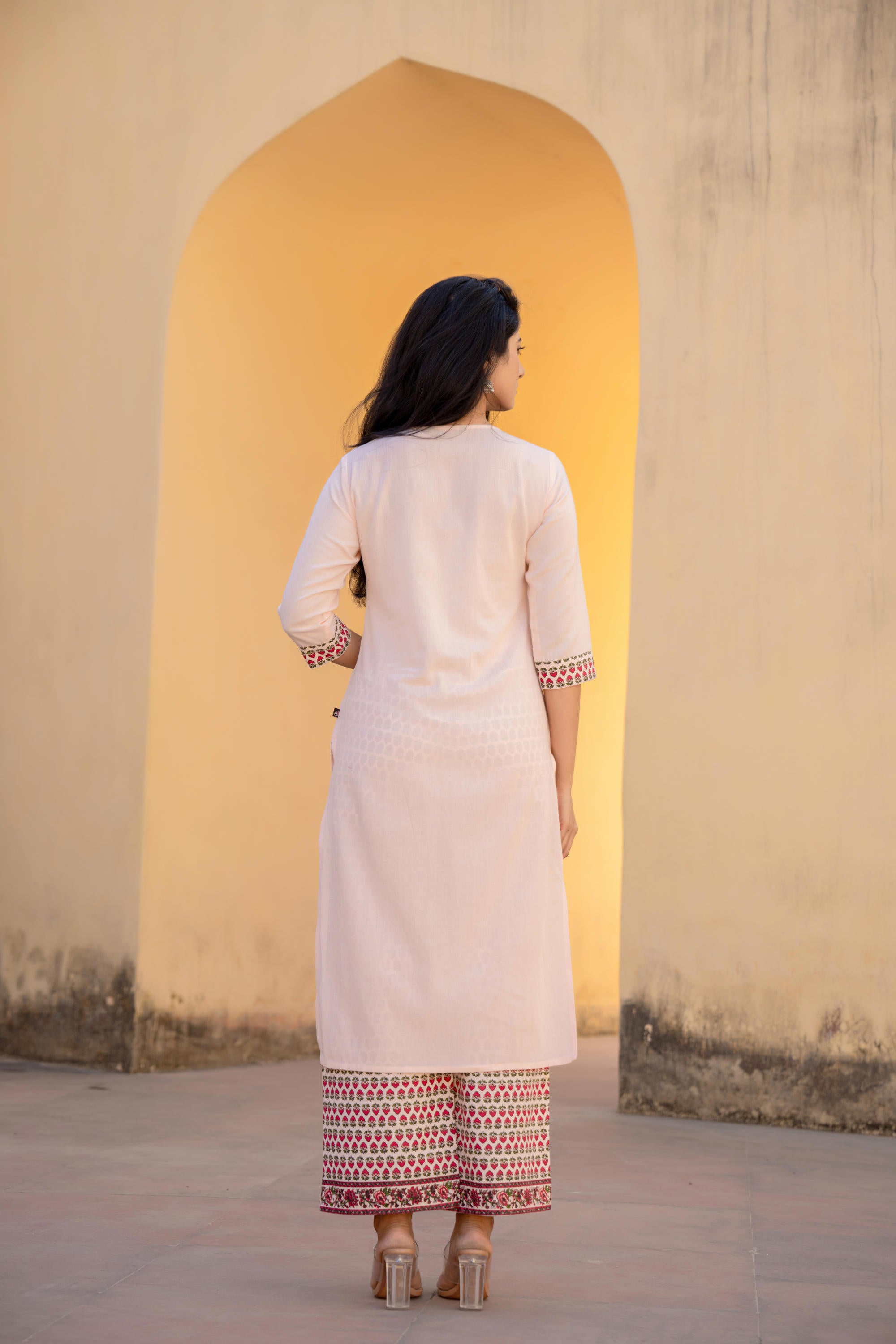 Peach Floral Printed Viscose Kurta & Palazzo With Thread Work