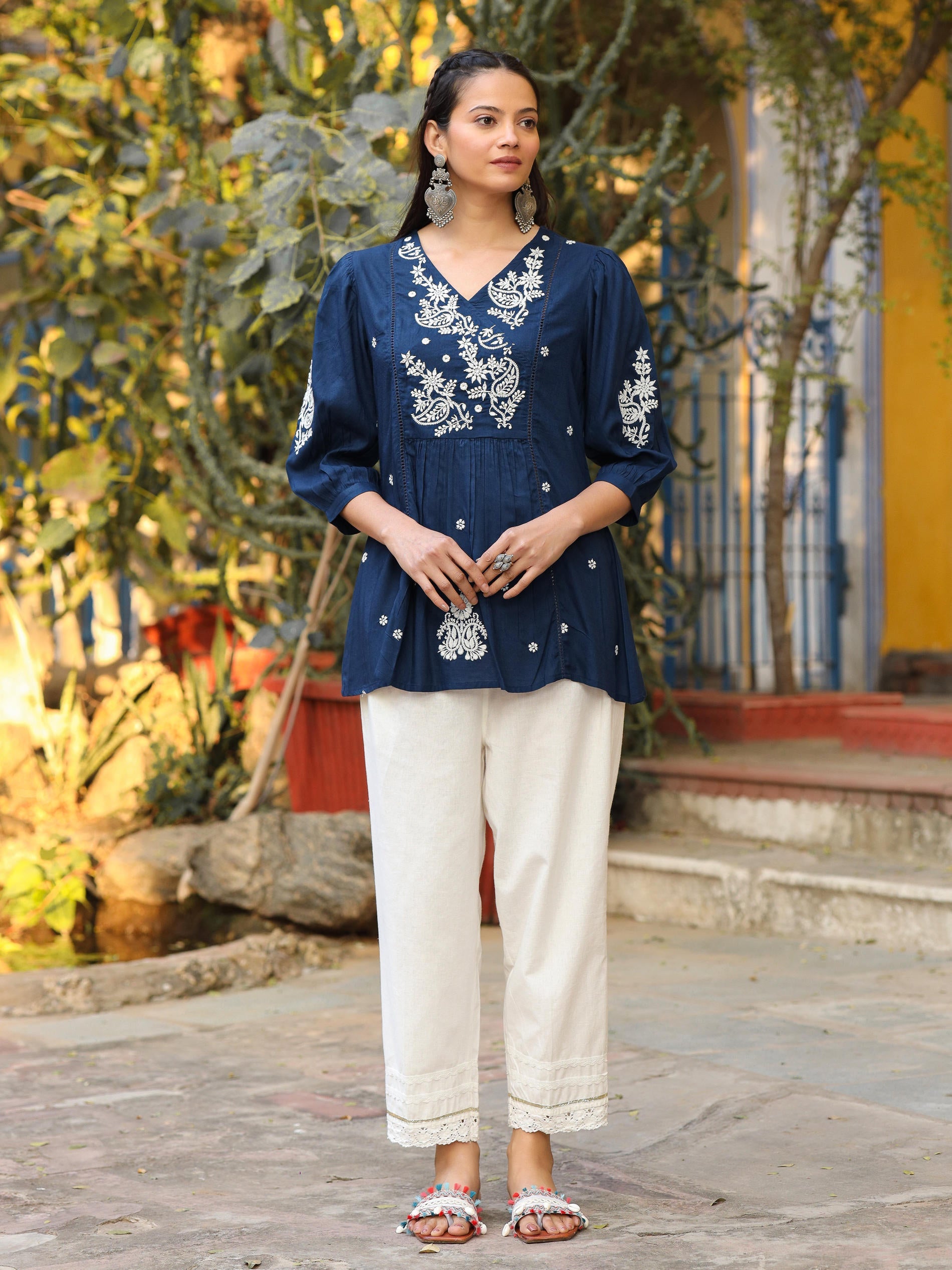 Blue Embroidered V-Neck Peasant Tunic with 3/4 Sleeves