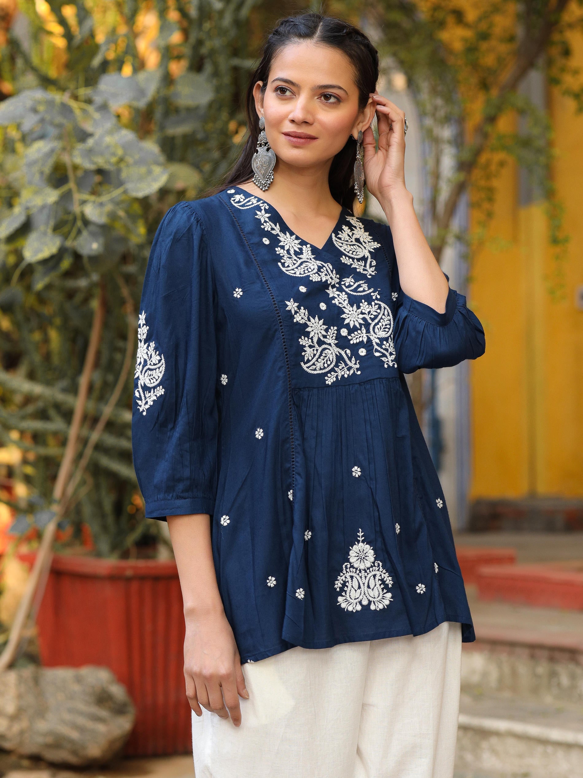 Blue Embroidered V-Neck Peasant Tunic with 3/4 Sleeves