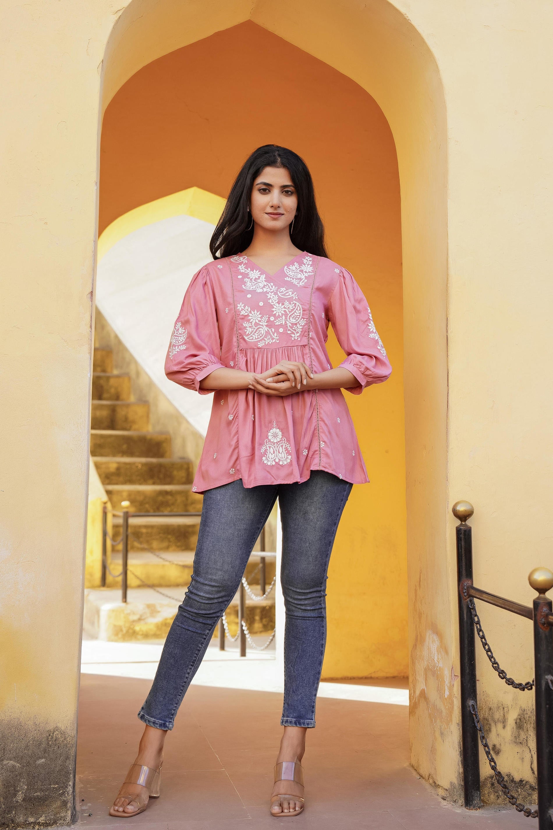 Onion Pink Embroidered Cotton Tunic