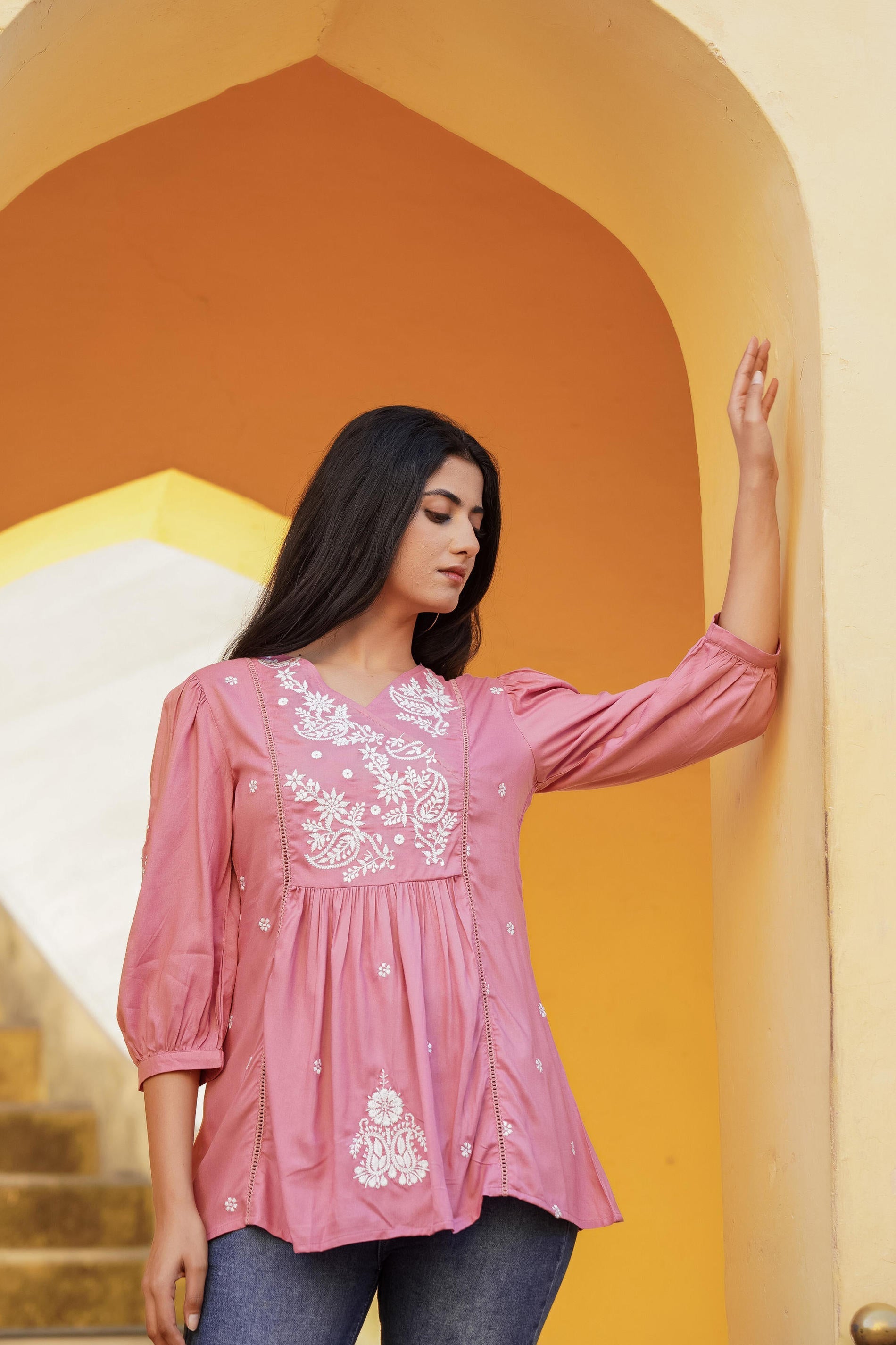 Onion Pink Embroidered Cotton Tunic