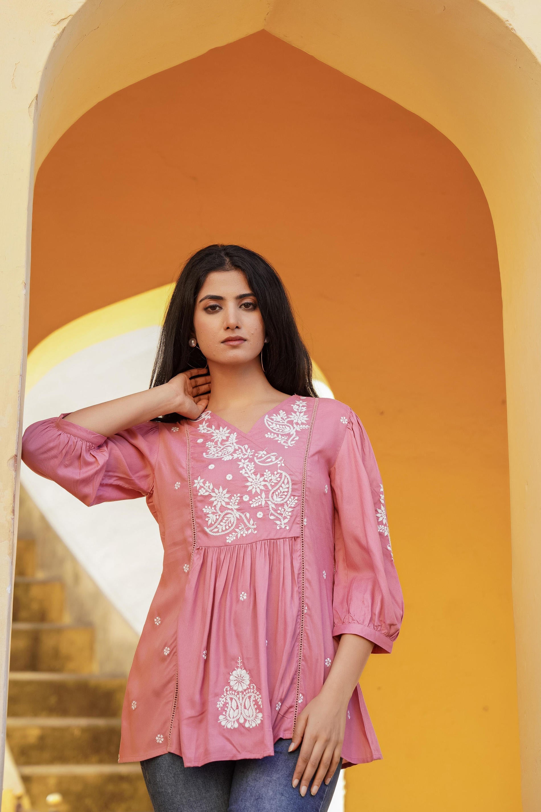 Onion Pink Embroidered Cotton Tunic
