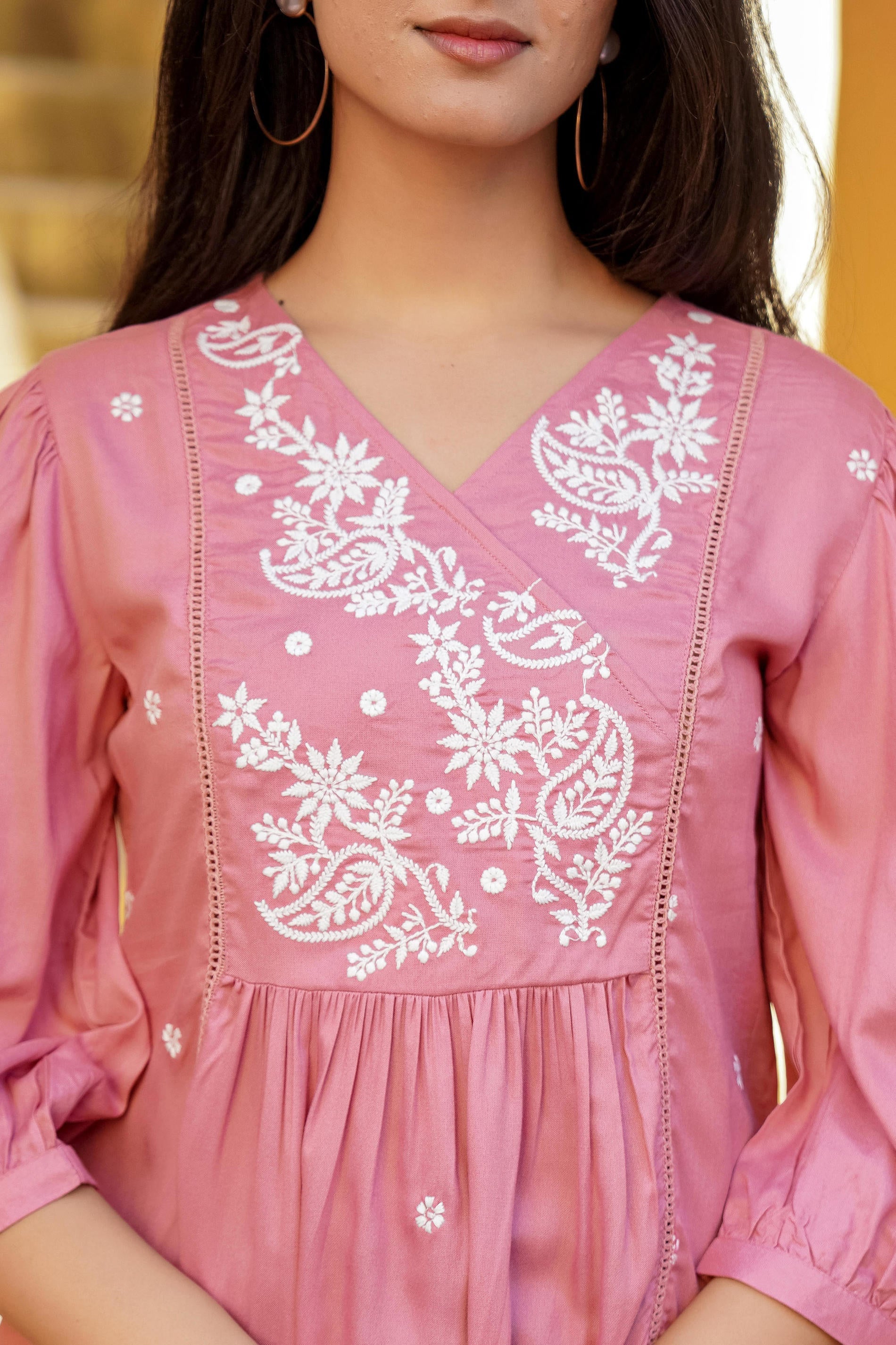 Onion Pink Embroidered Cotton Tunic