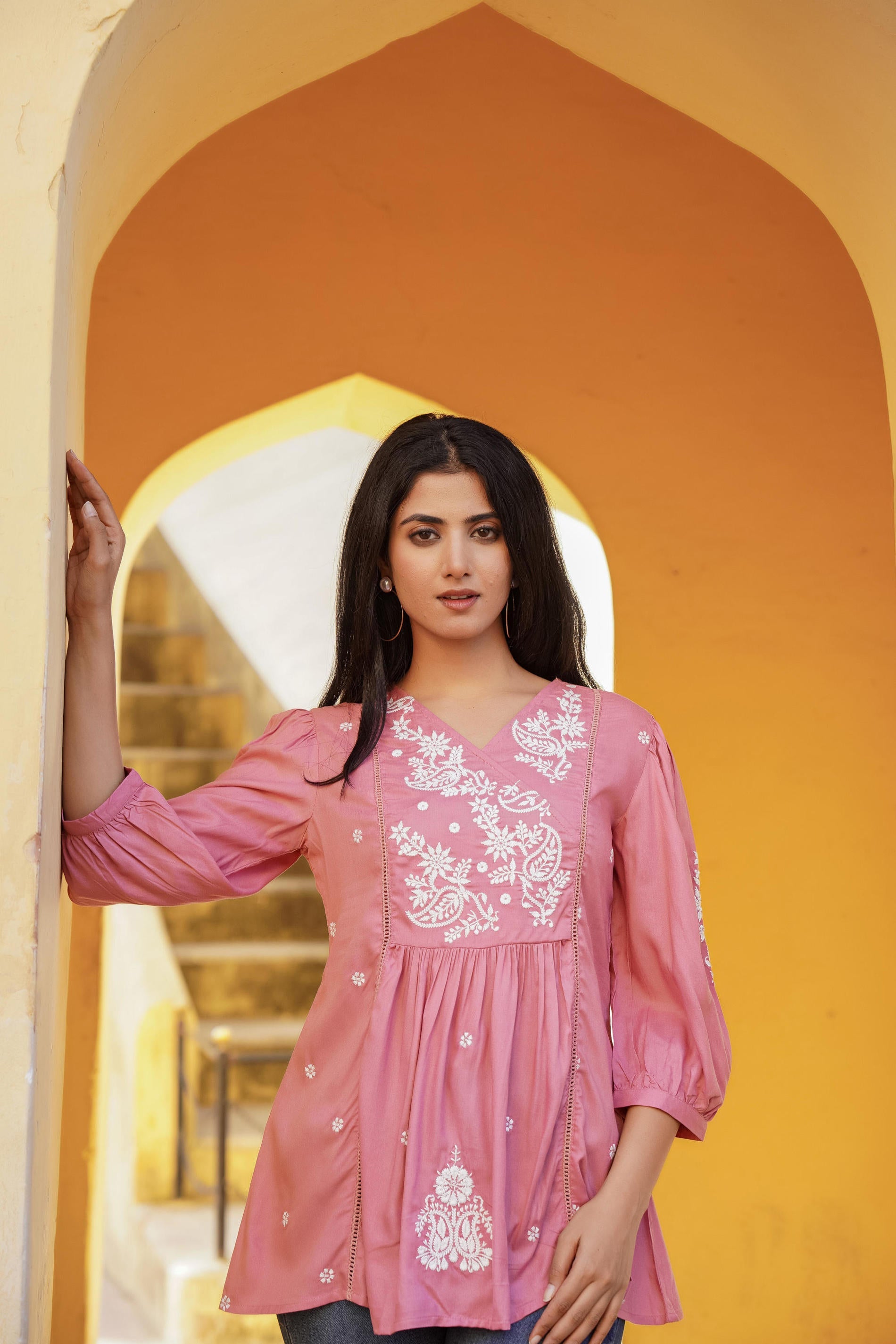 Onion Pink Embroidered Cotton Tunic
