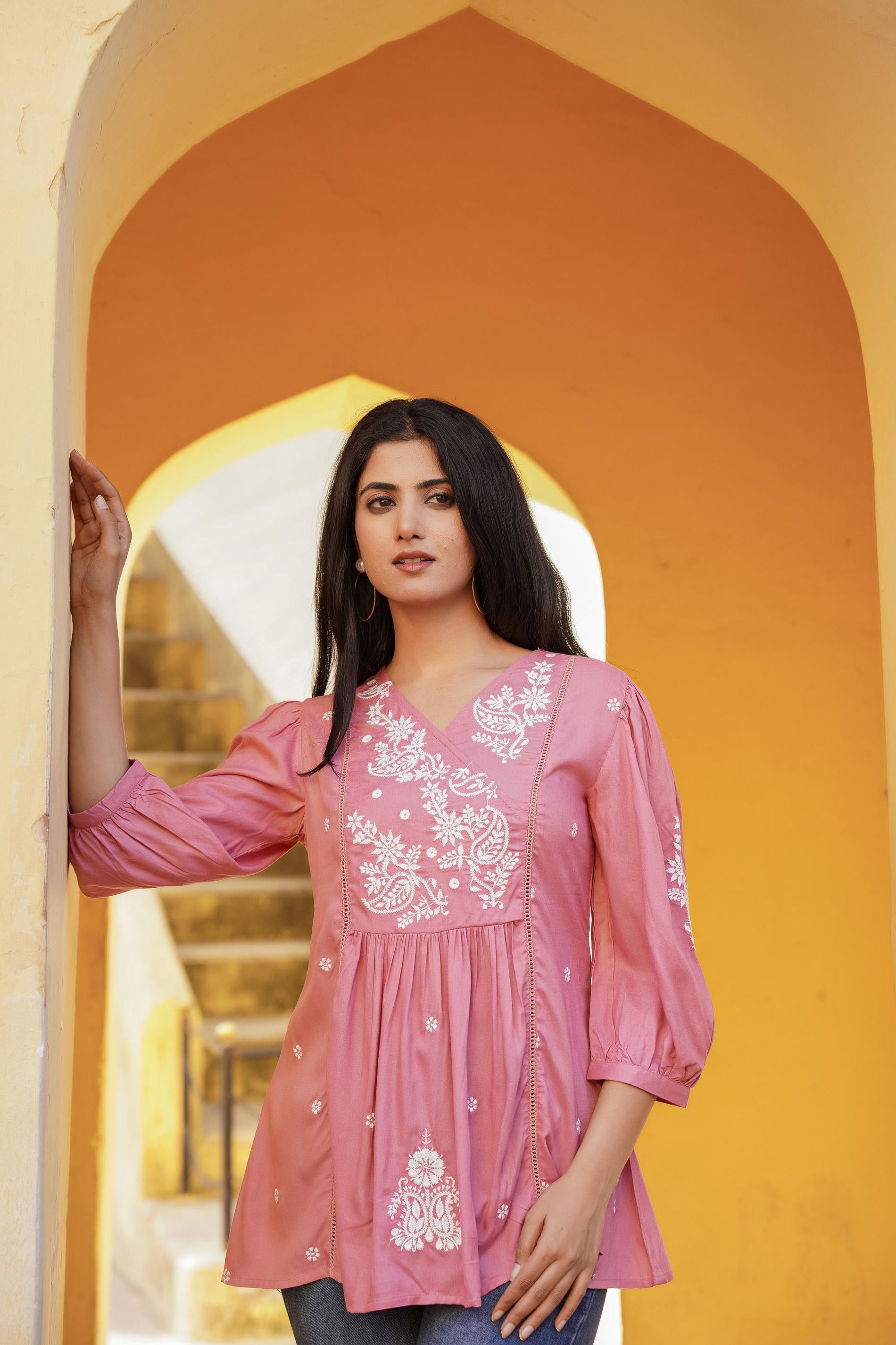 Onion Pink Embroidered Cotton Tunic