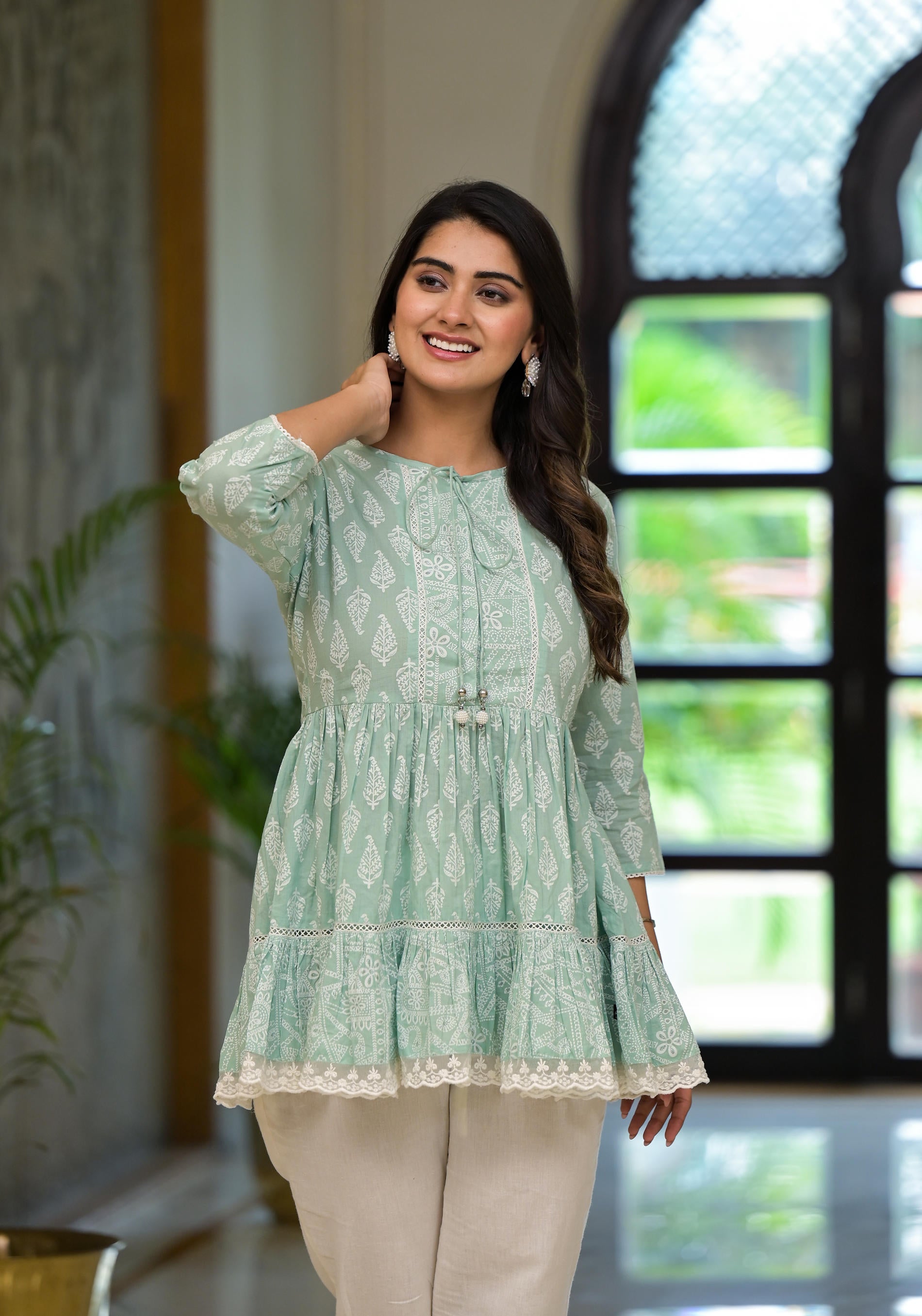 Mint Mist Ikat tunic with Lace Detailing
