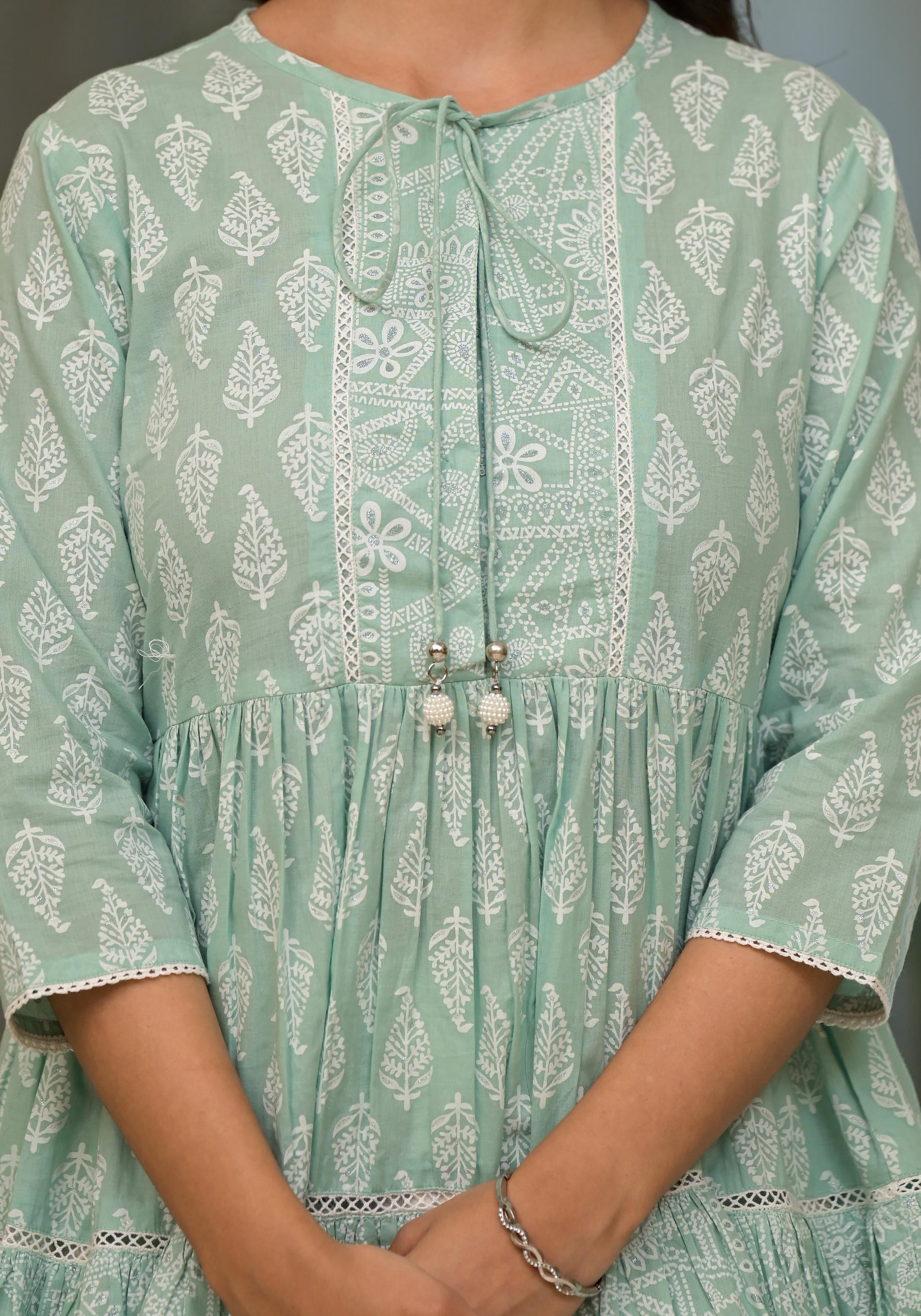 Mint Mist Ikat tunic with Lace Detailing