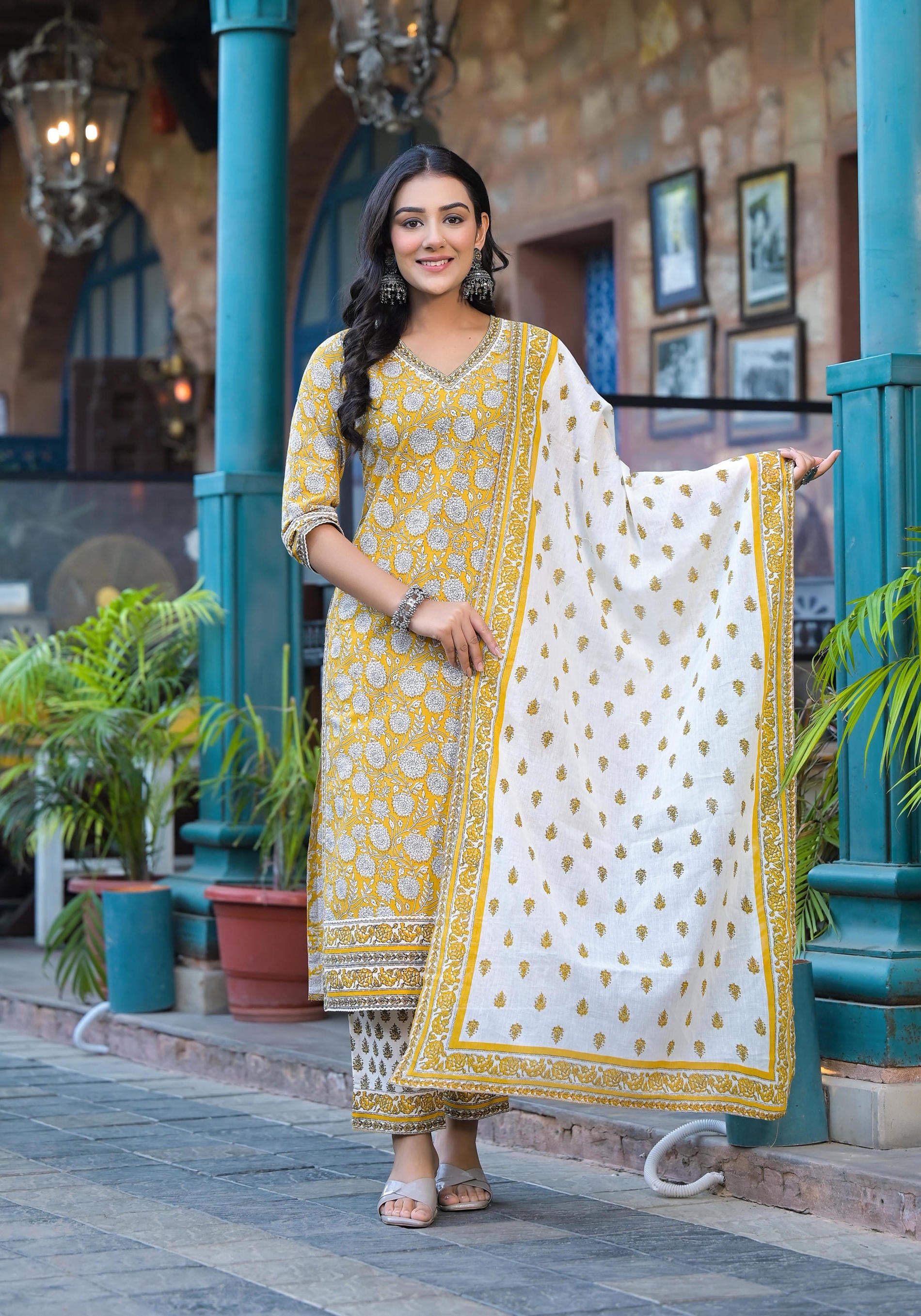 Mustard Floral Printed Cotton Kurta Pant And Dupatta Set With Lace
