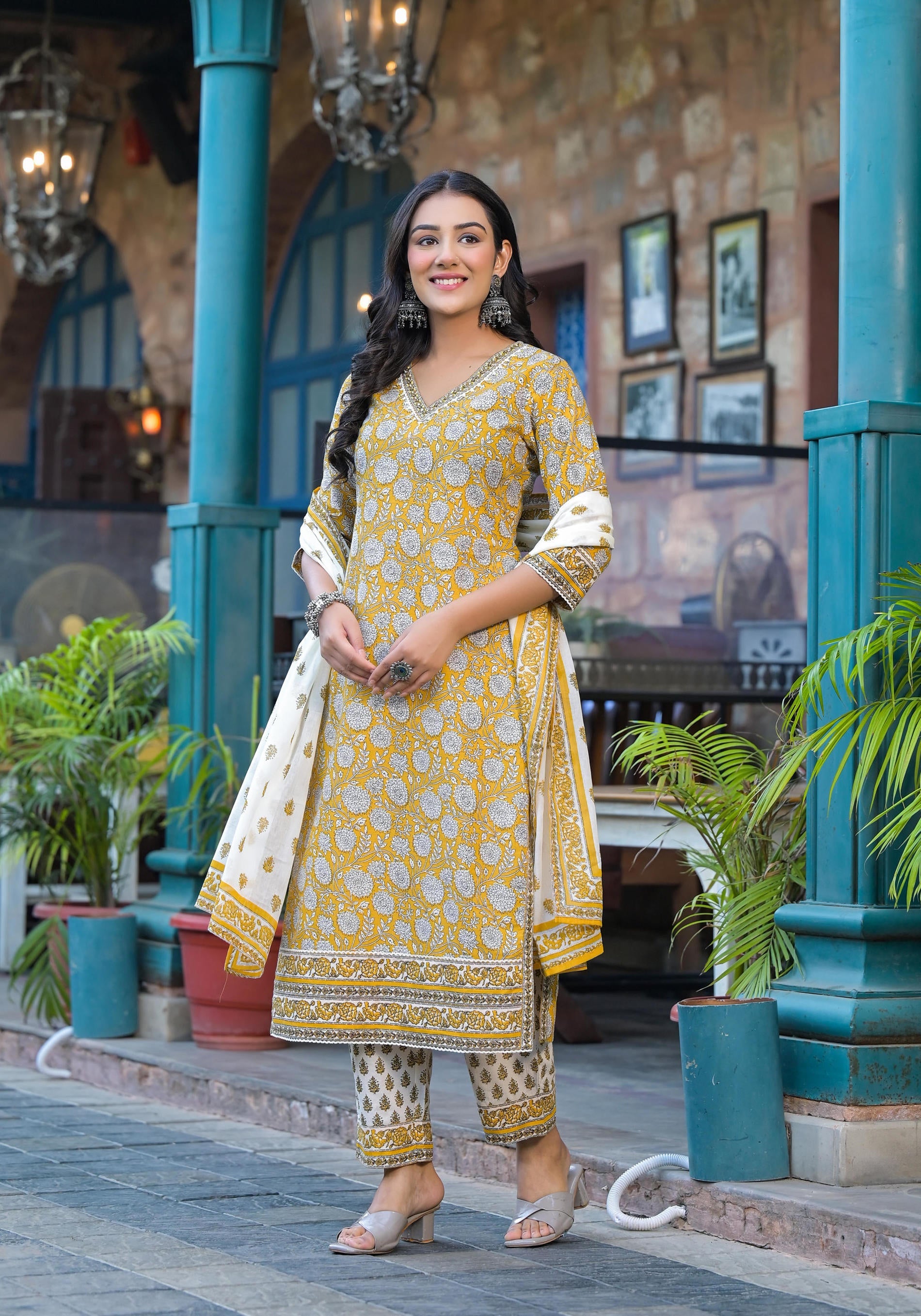 Mustard Floral Printed Cotton Kurta Pant And Dupatta Set With Lace