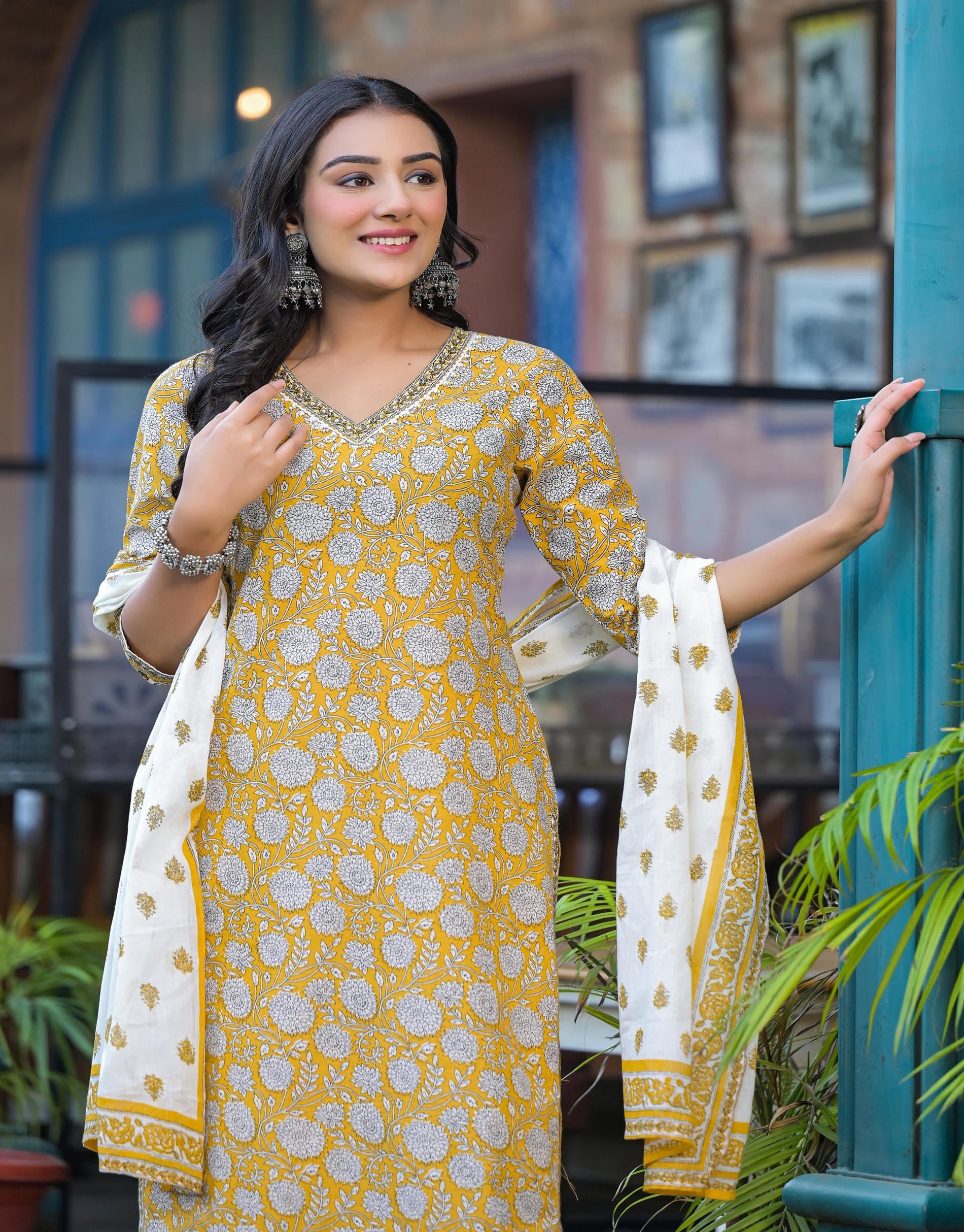 Mustard Floral Printed Cotton Kurta Pant And Dupatta Set With Lace