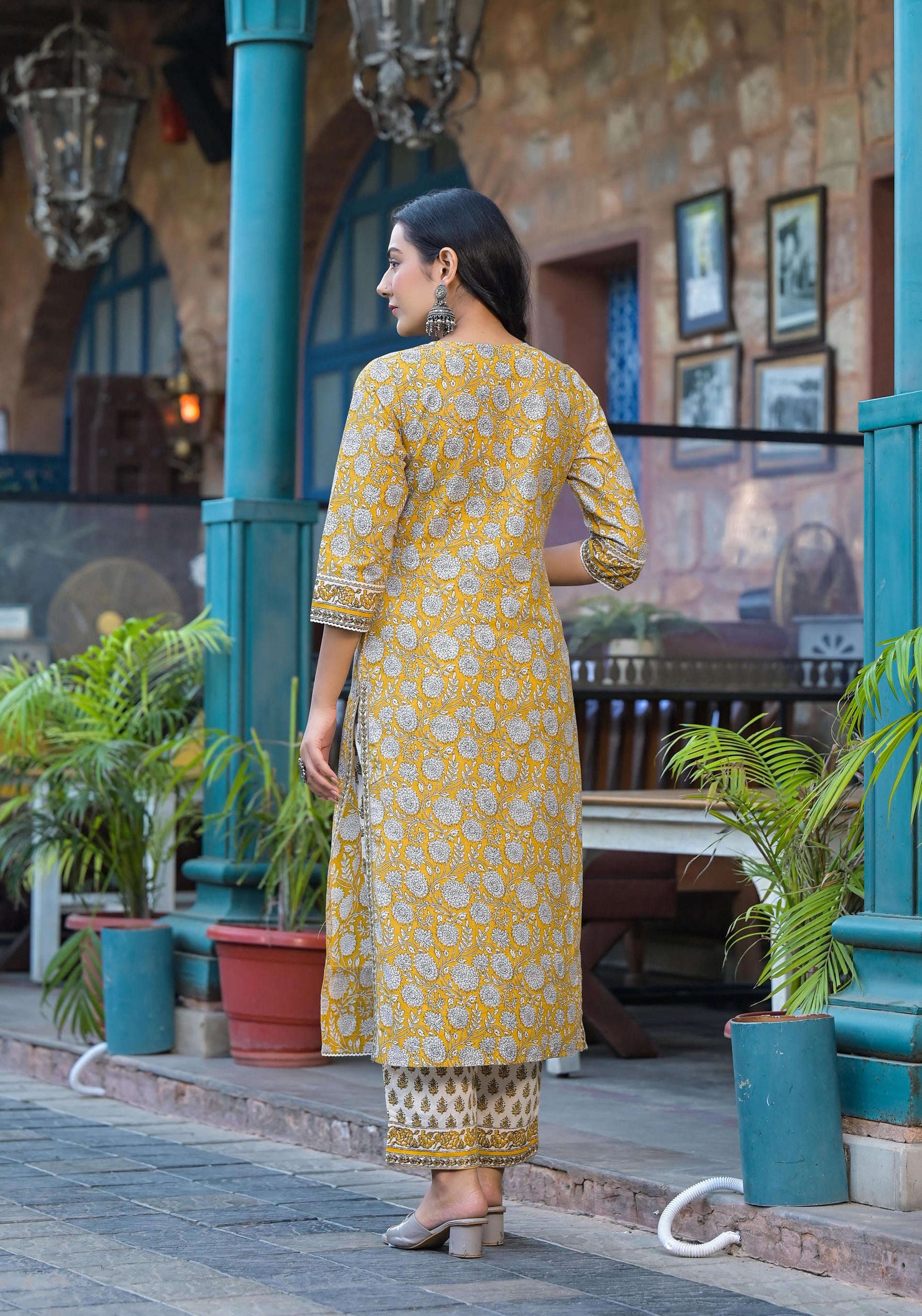 Mustard Floral Printed Cotton Kurta Pant And Dupatta Set With Lace