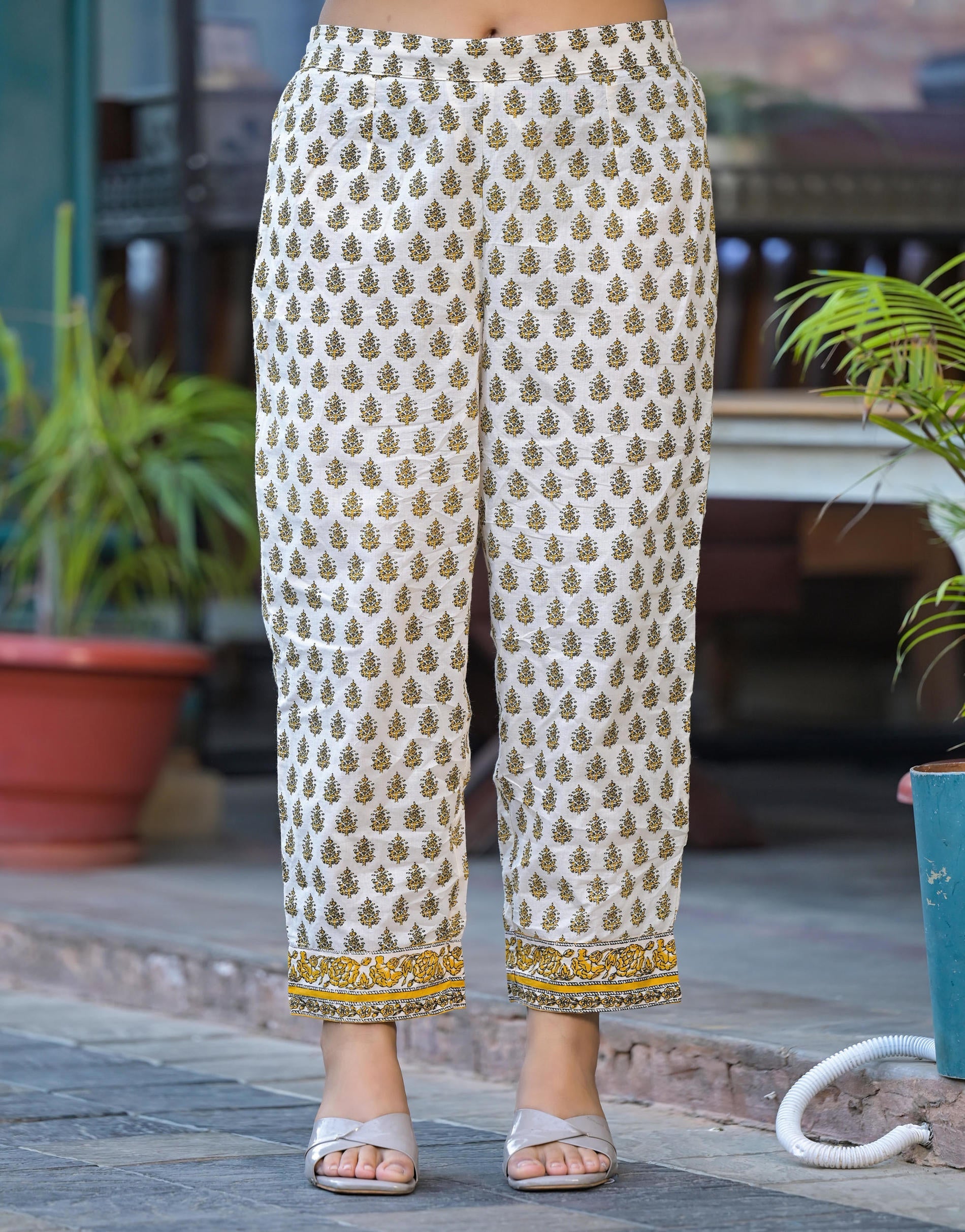 Mustard Floral Printed Cotton Kurta Pant And Dupatta Set With Lace