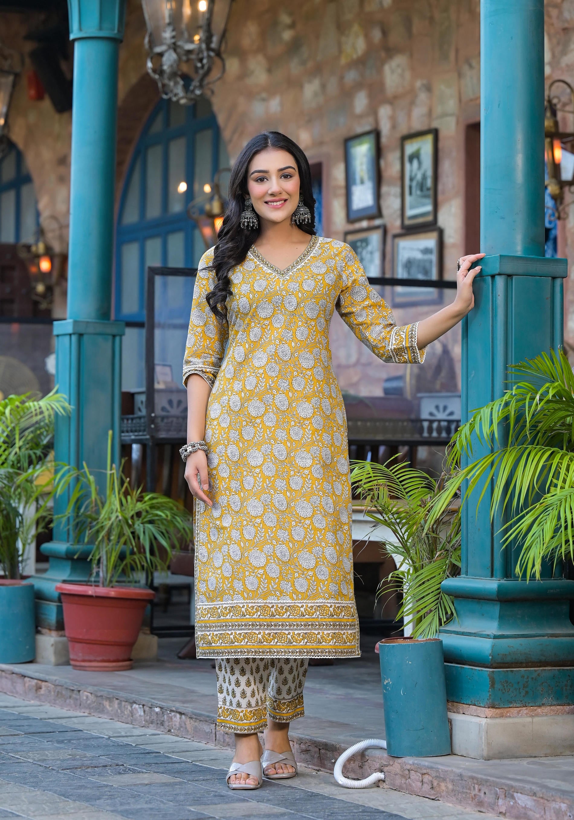 Mustard Floral Printed Cotton Kurta Pant And Dupatta Set With Lace