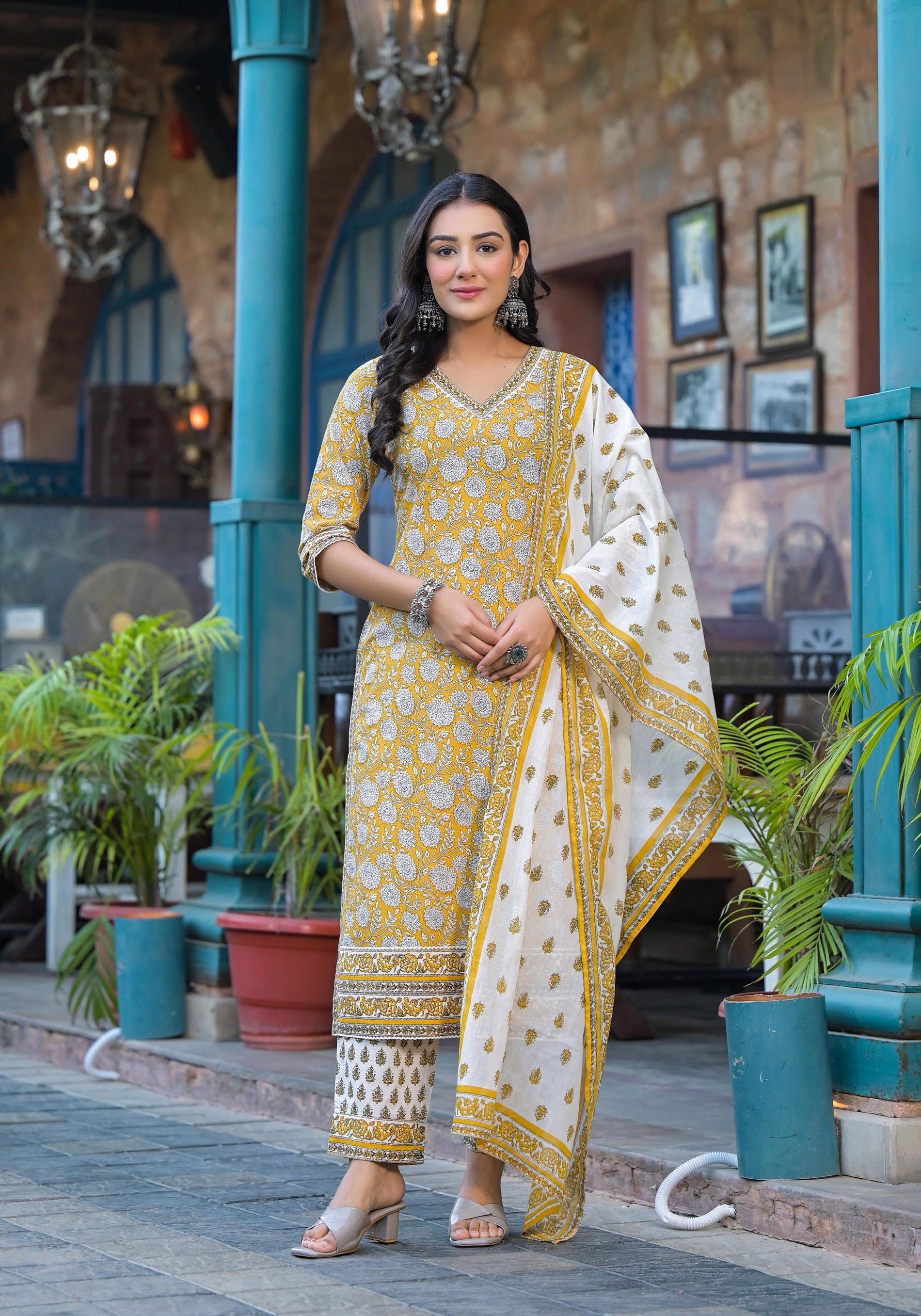 Mustard Floral Printed Cotton Kurta Pant And Dupatta Set With Lace