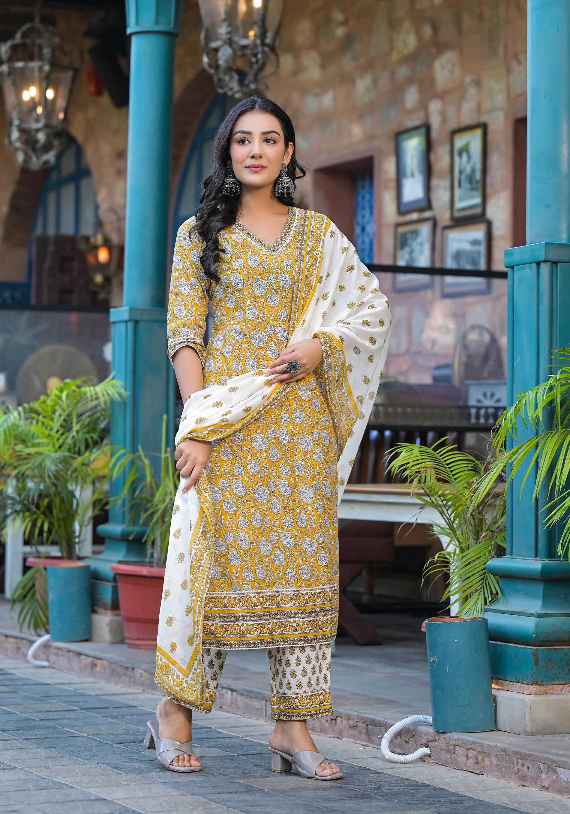 Mustard Floral Printed Cotton Kurta Pant And Dupatta Set With Lace