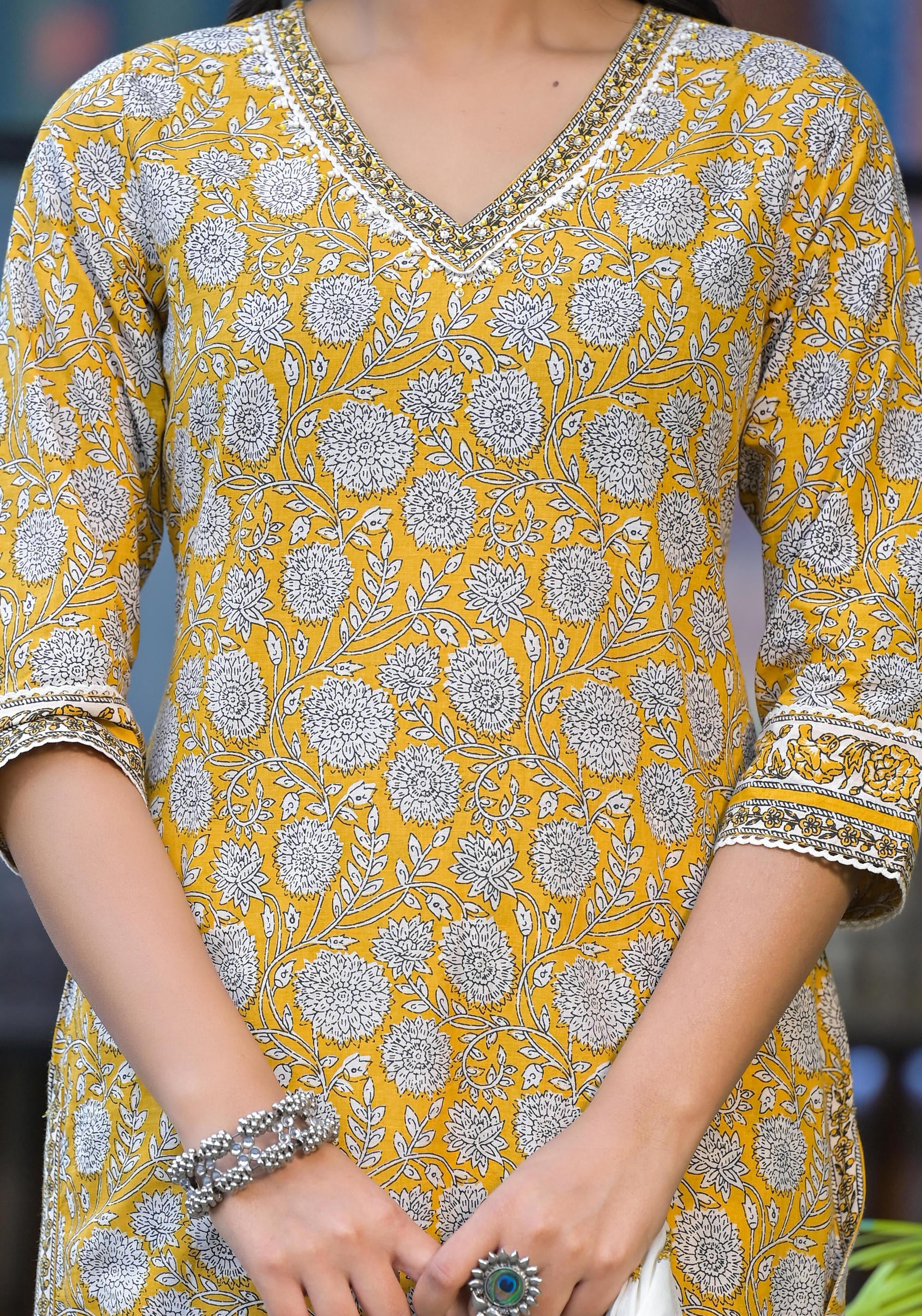 Mustard Floral Printed Cotton Kurta Pant And Dupatta Set With Lace