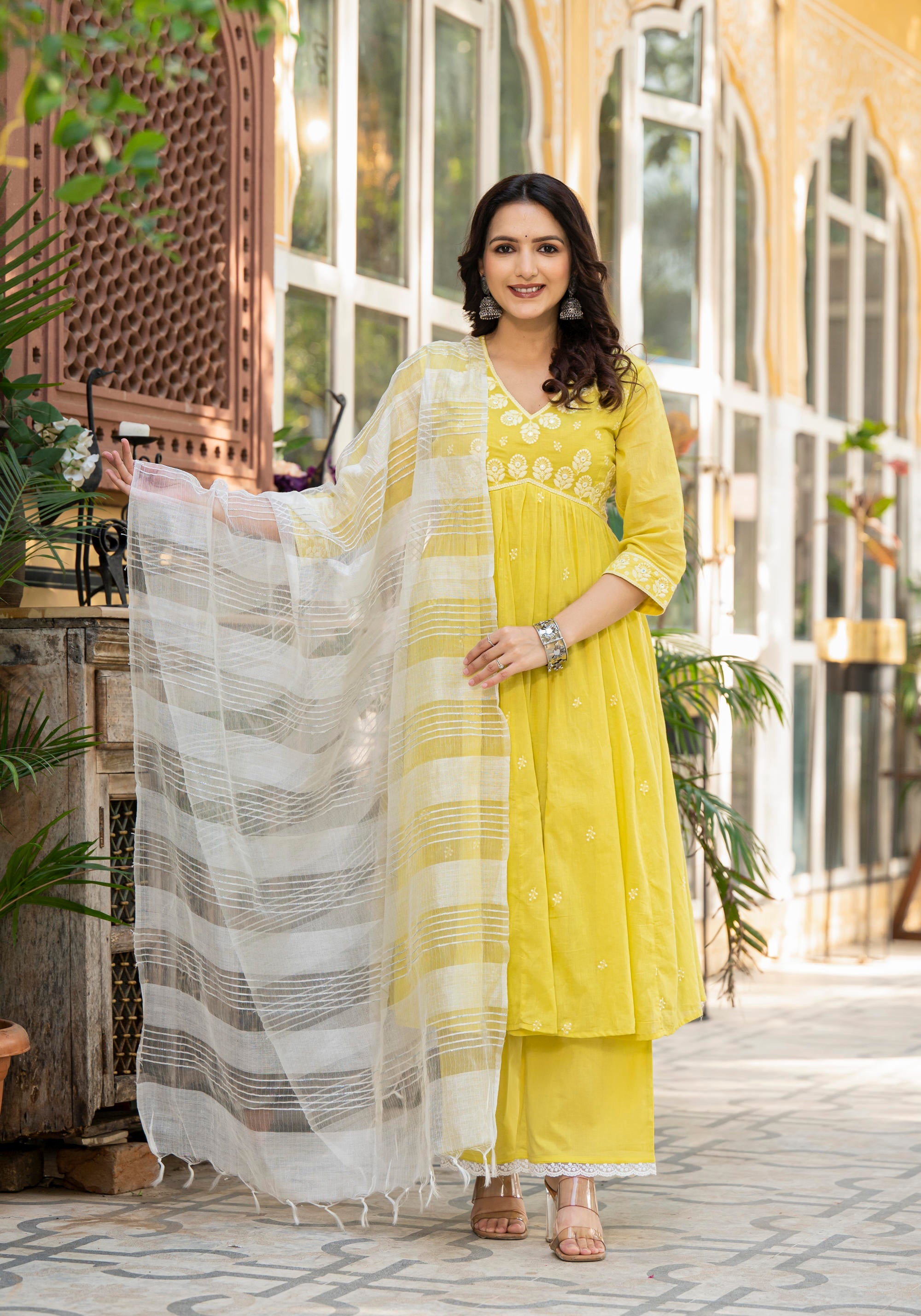 Lime Solid Cotton Kurta Pant And Dupatta Set With Thread & Mirror Work