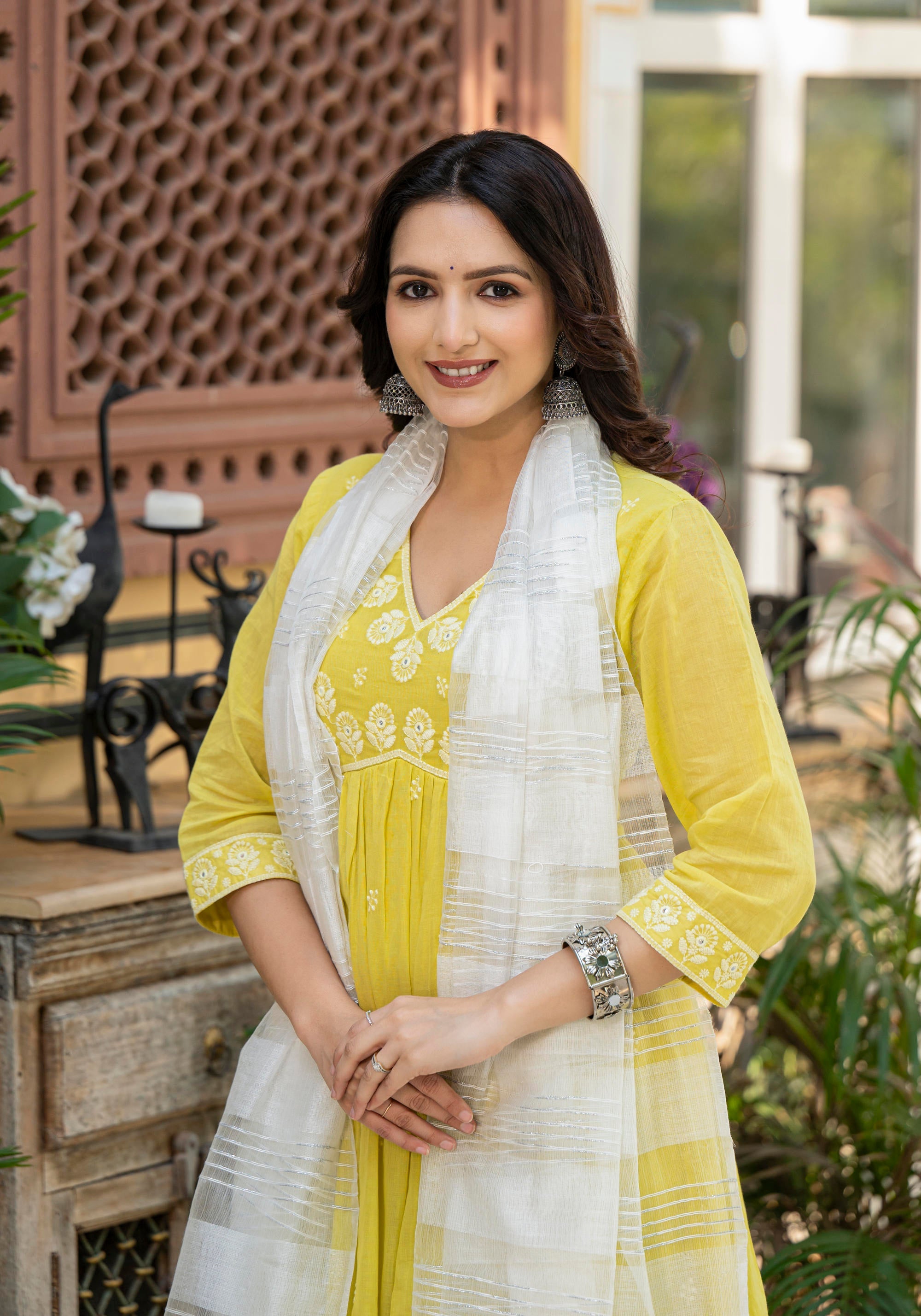 Lime Solid Cotton Kurta Pant And Dupatta Set With Thread & Mirror Work