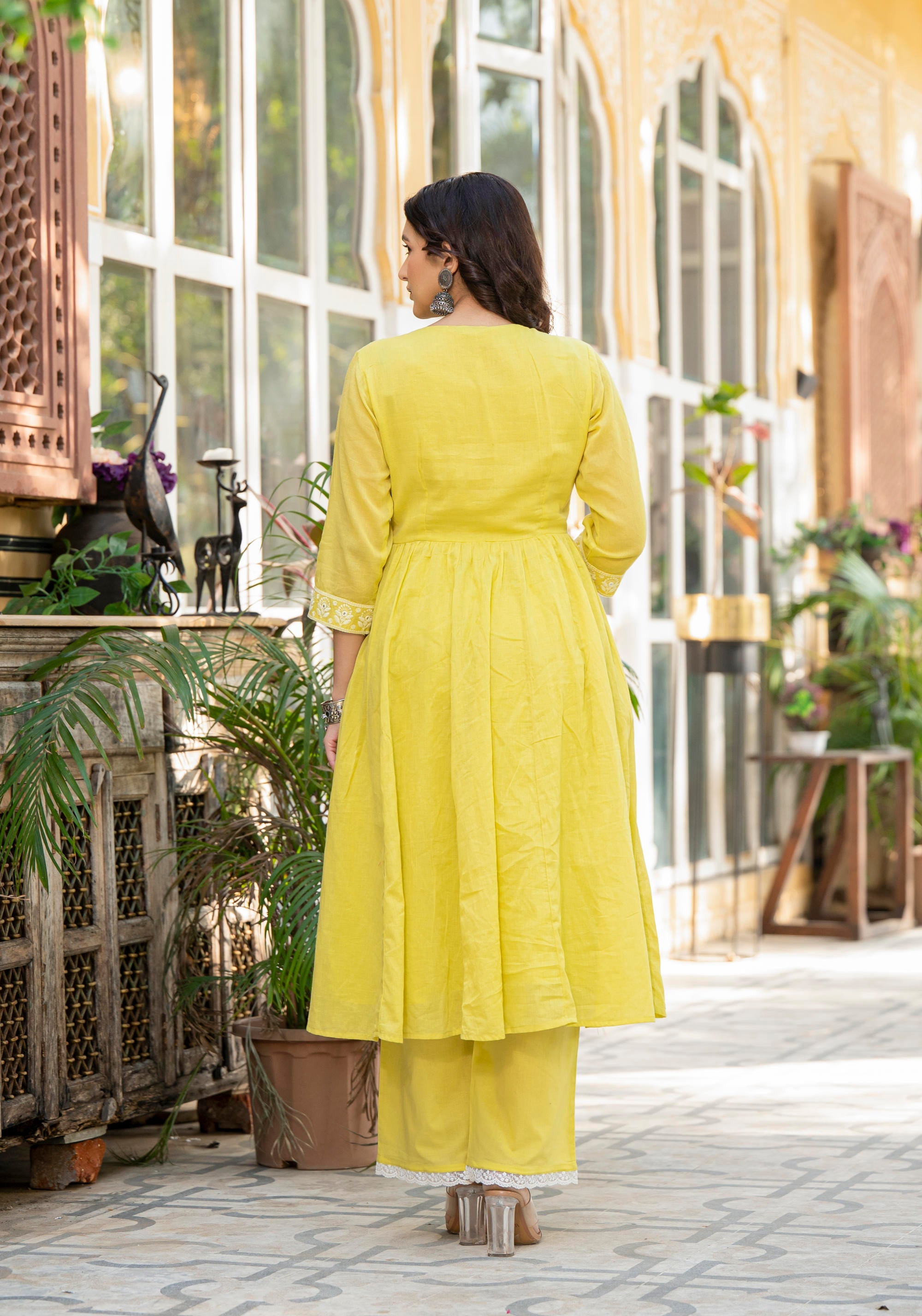 Lime Solid Cotton Kurta Pant And Dupatta Set With Thread & Mirror Work