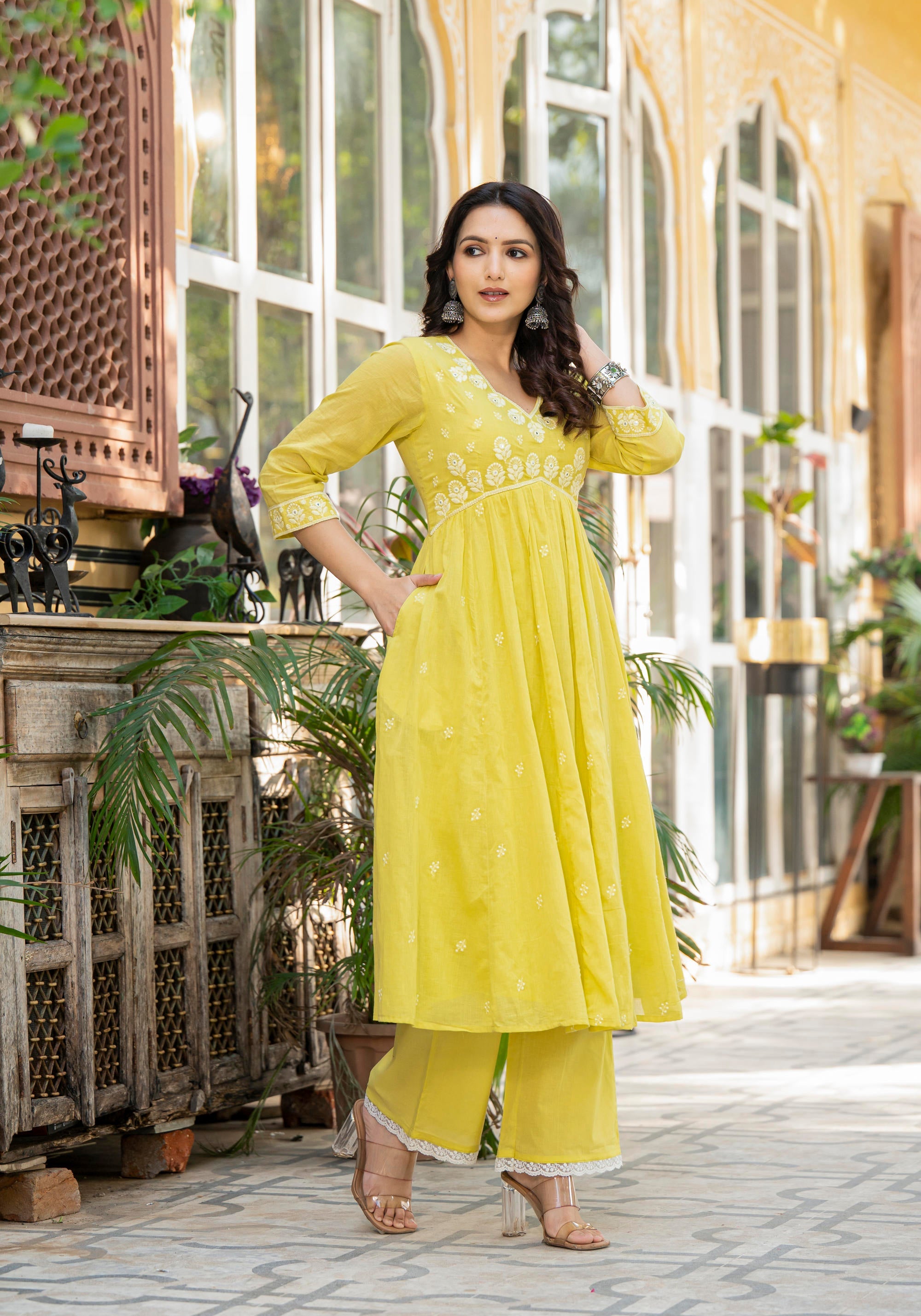 Lime Solid Cotton Kurta Pant And Dupatta Set With Thread & Mirror Work