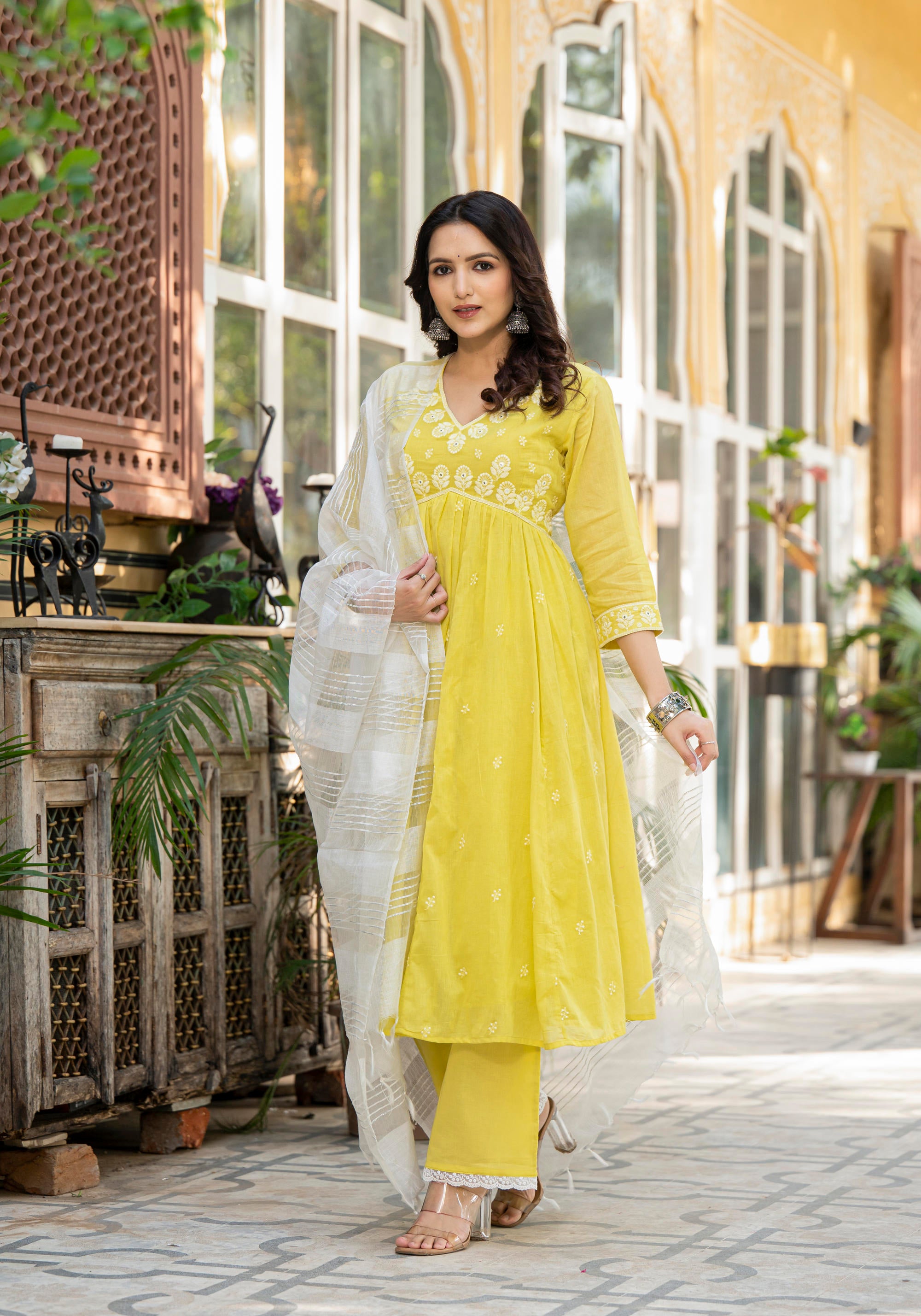 Lime Solid Cotton Kurta Pant And Dupatta Set With Thread & Mirror Work