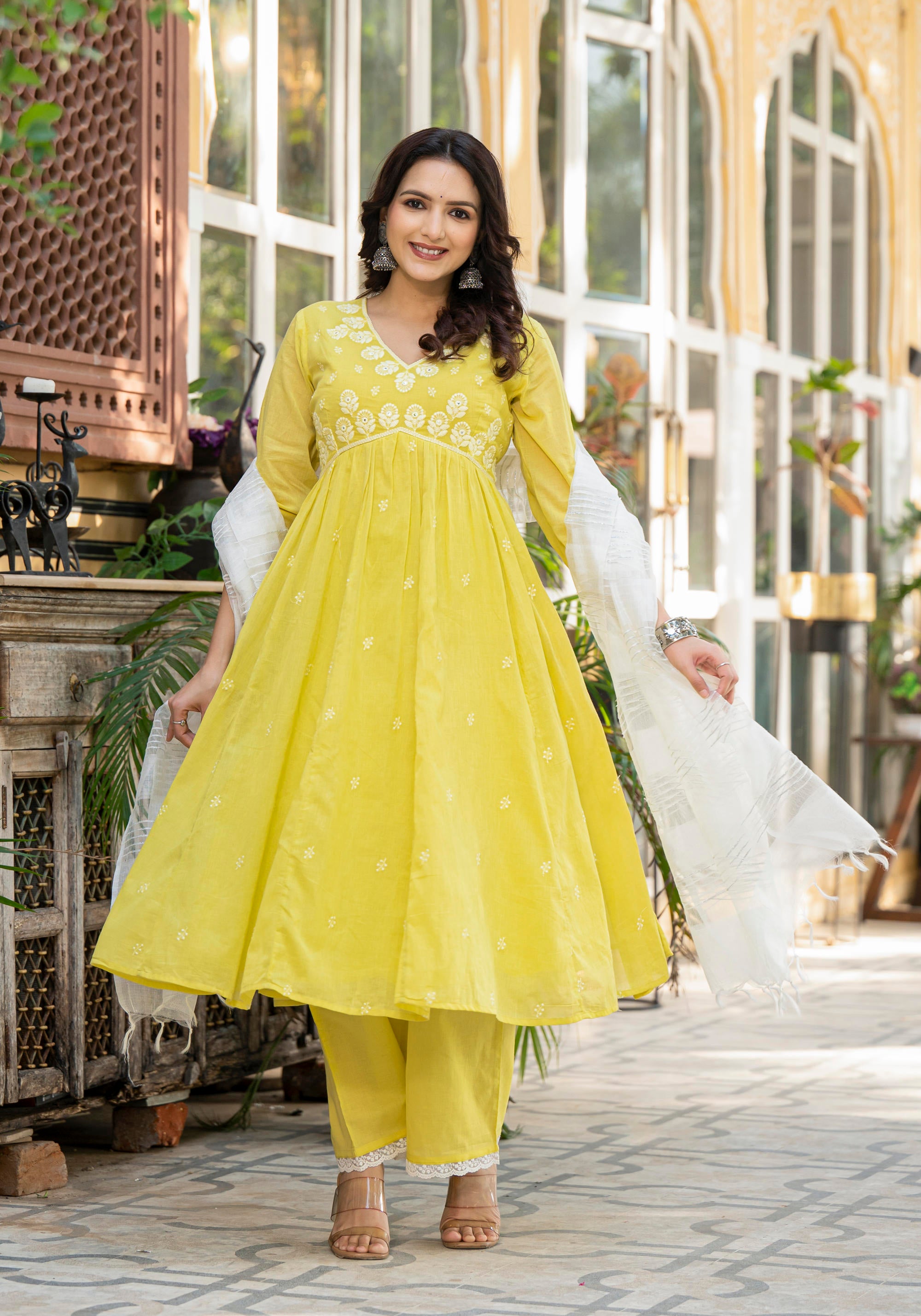 Lime Solid Cotton Kurta Pant And Dupatta Set With Thread & Mirror Work