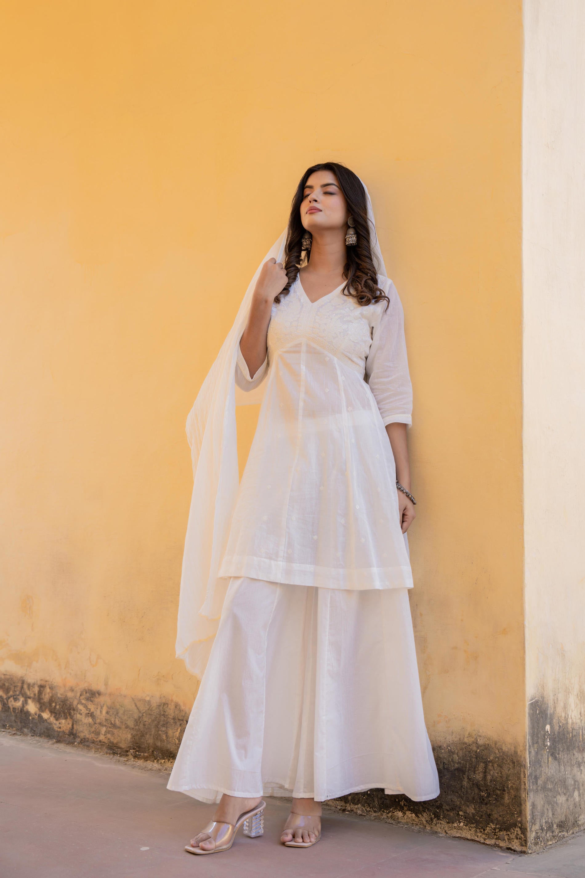 White Embroidered Anarkali Kurta Set with Palazzo & Dupatta