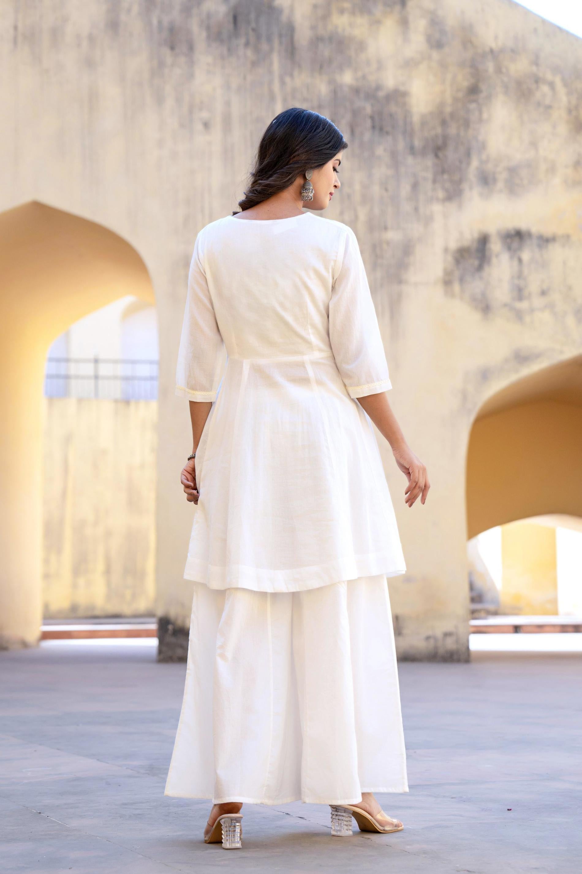 White Embroidered Anarkali Kurta Set with Palazzo & Dupatta