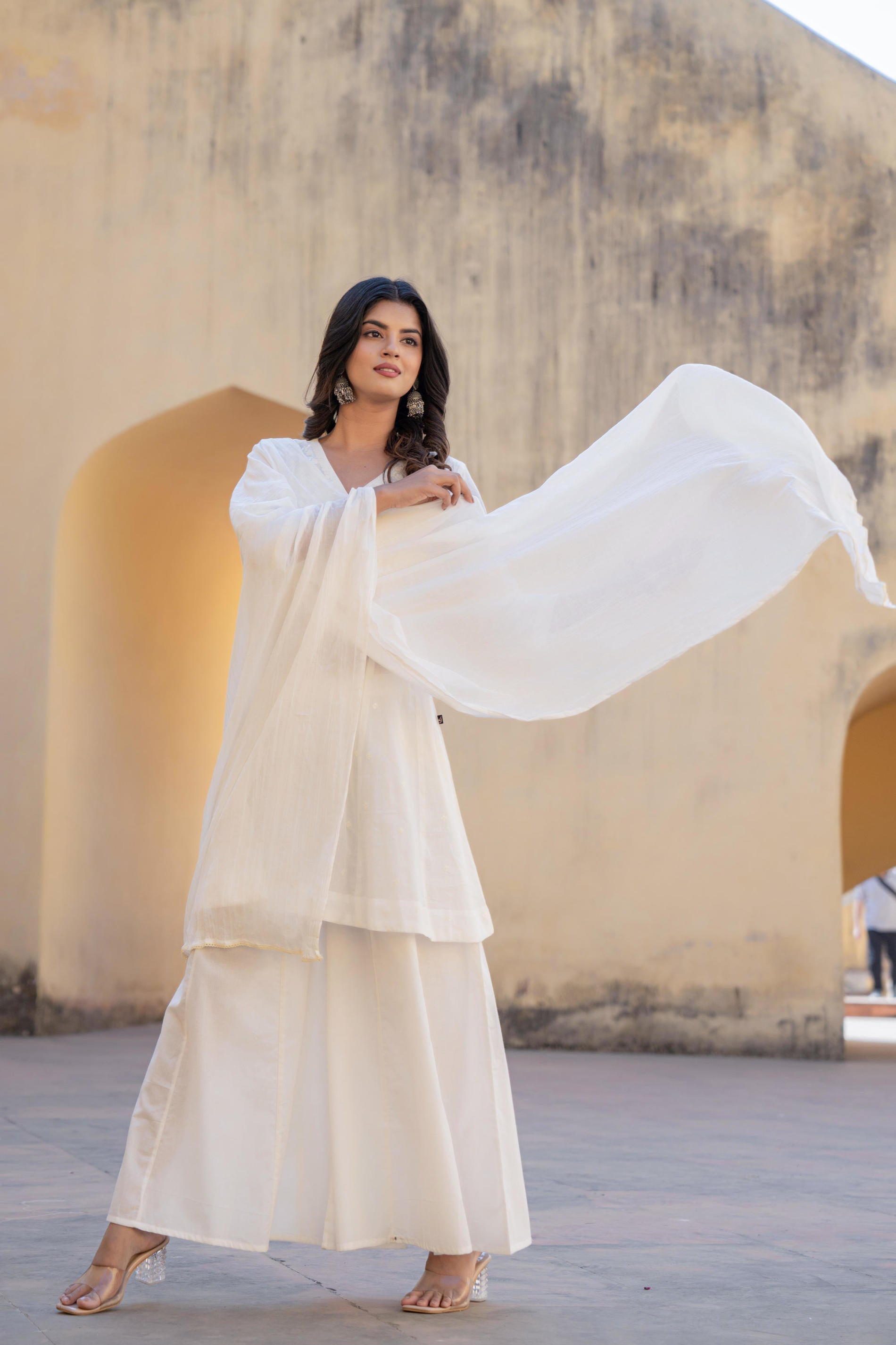 White Embroidered Anarkali Kurta Set with Palazzo & Dupatta