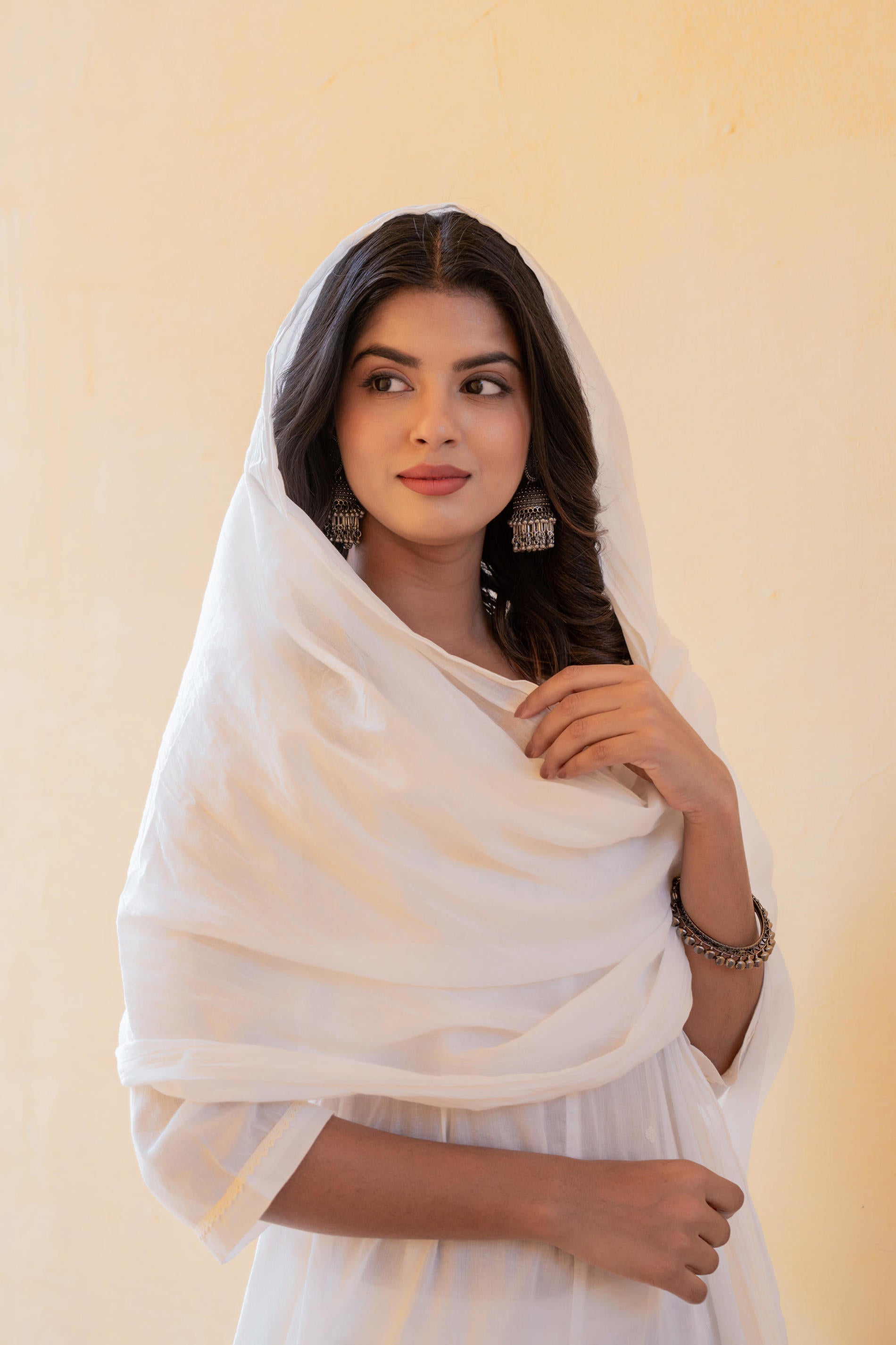 White Embroidered Anarkali Kurta Set with Palazzo & Dupatta