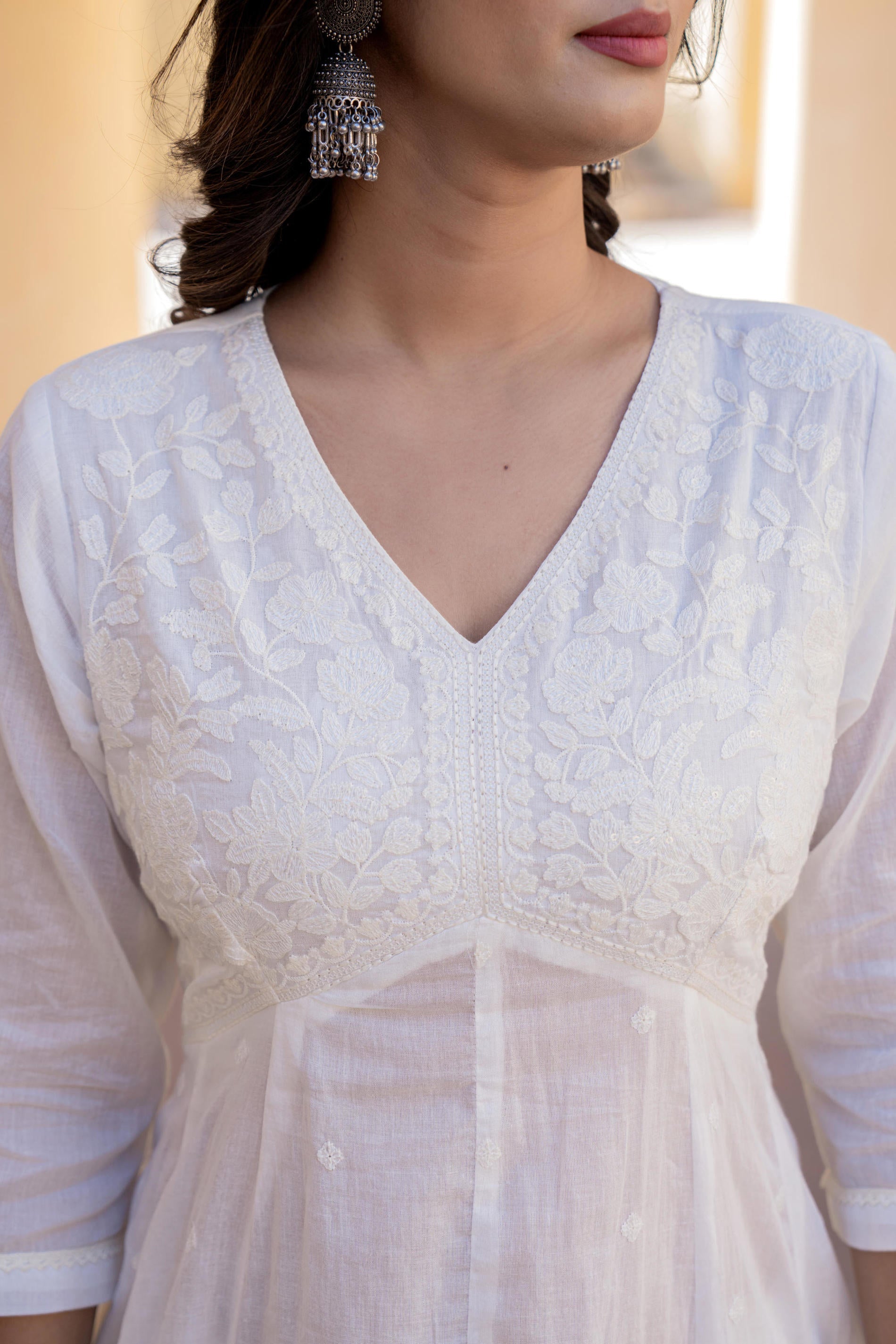 White Embroidered Anarkali Kurta Set with Palazzo & Dupatta