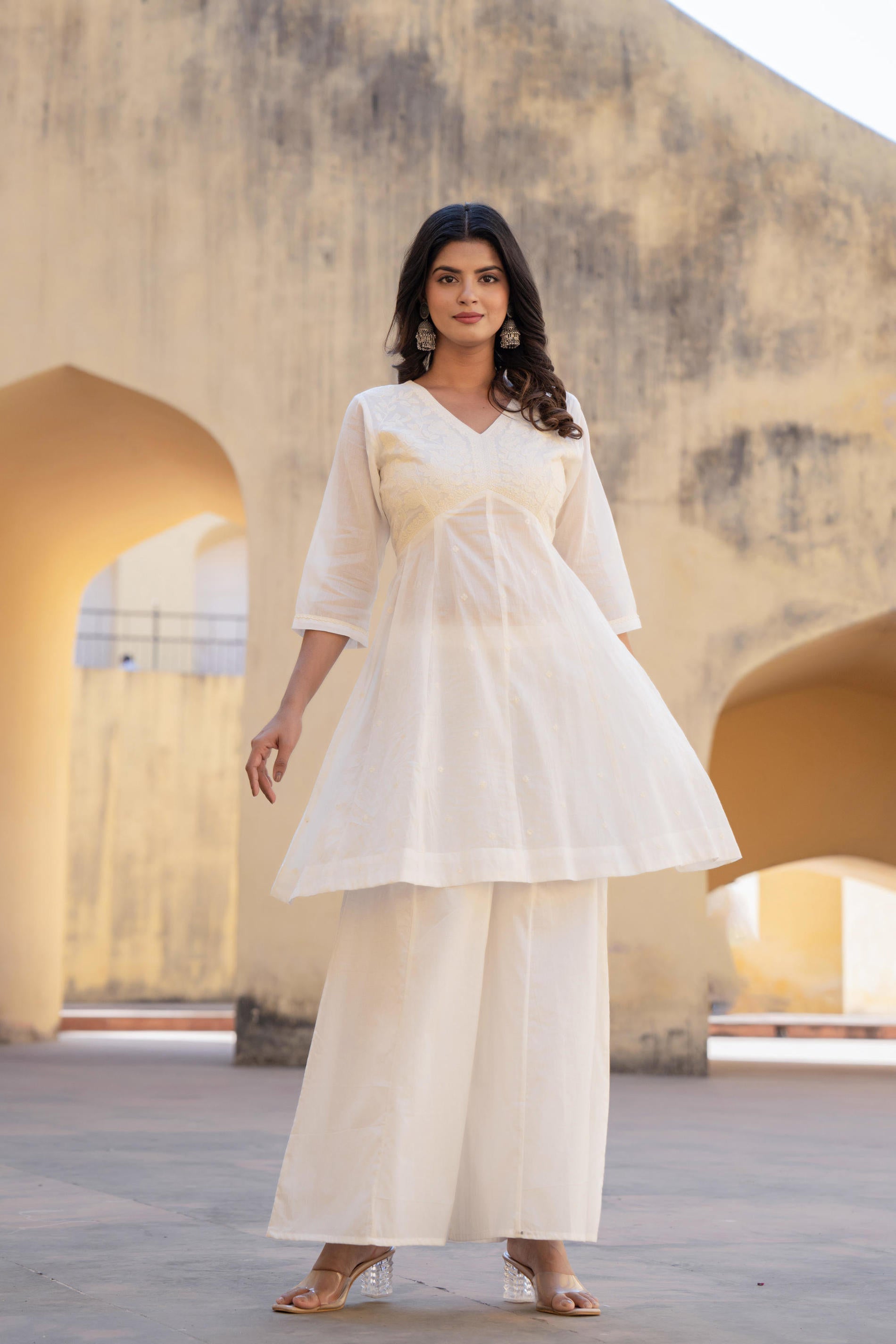 White Embroidered Anarkali Kurta Set with Palazzo & Dupatta