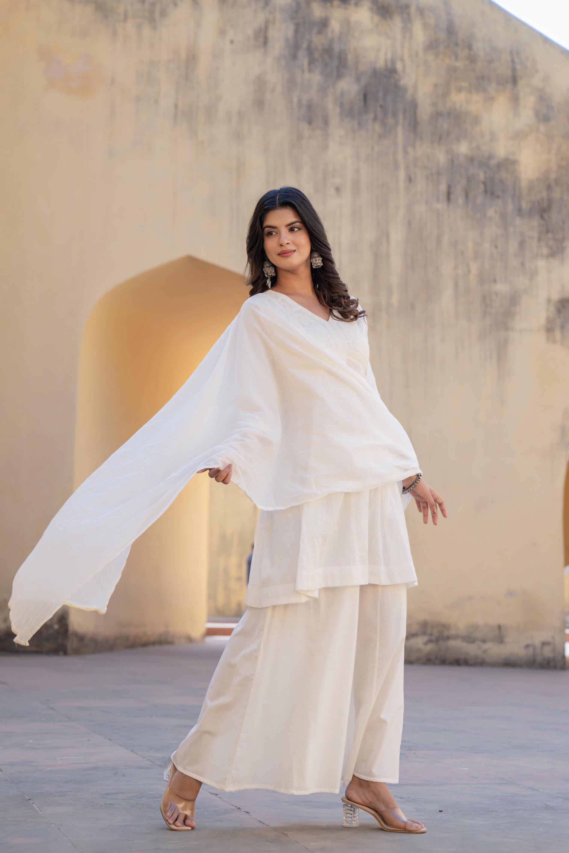 White Embroidered Anarkali Kurta Set with Palazzo & Dupatta