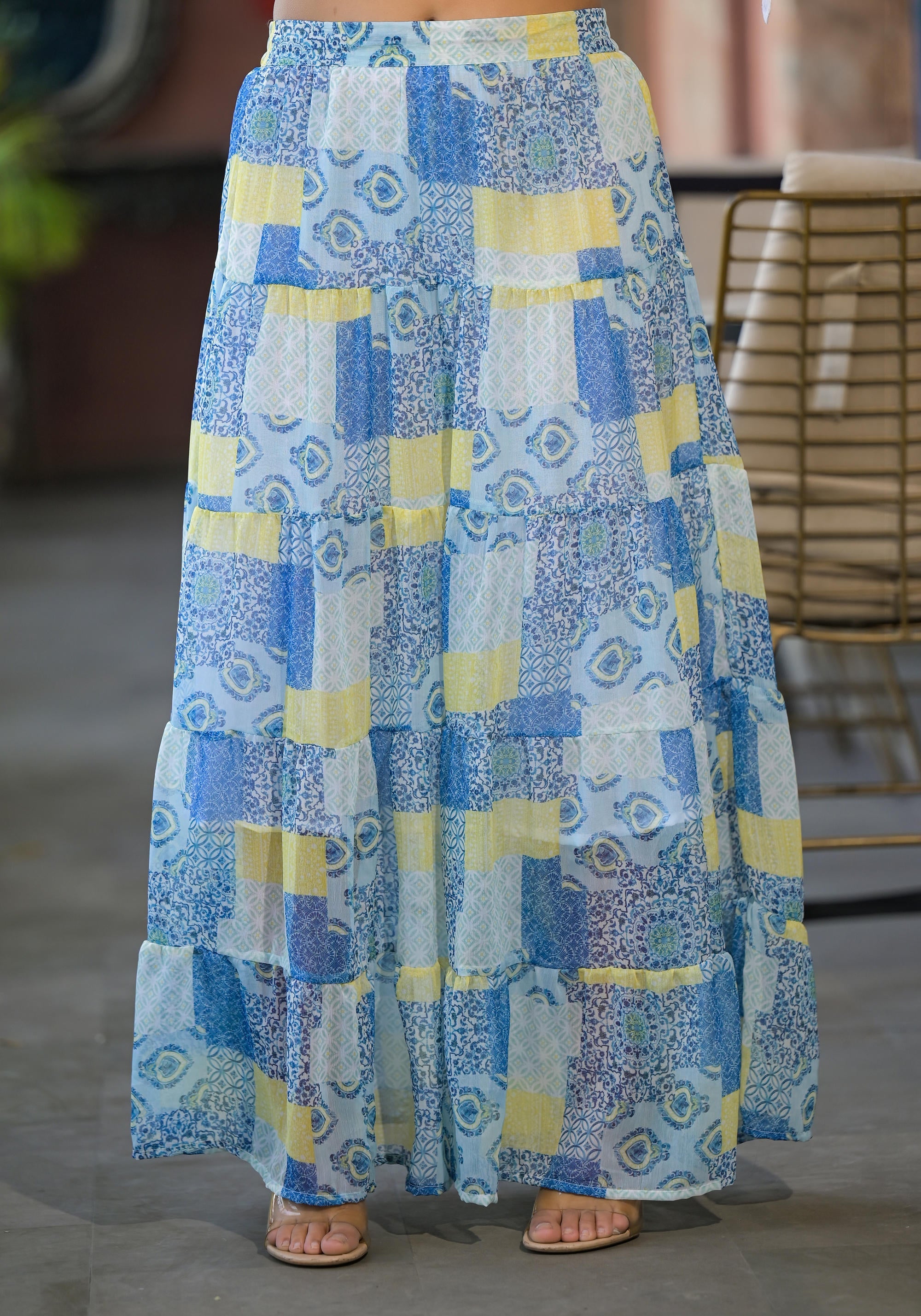 White & Blue Ethnic Motif Printed Top & Skirt With Thread Work