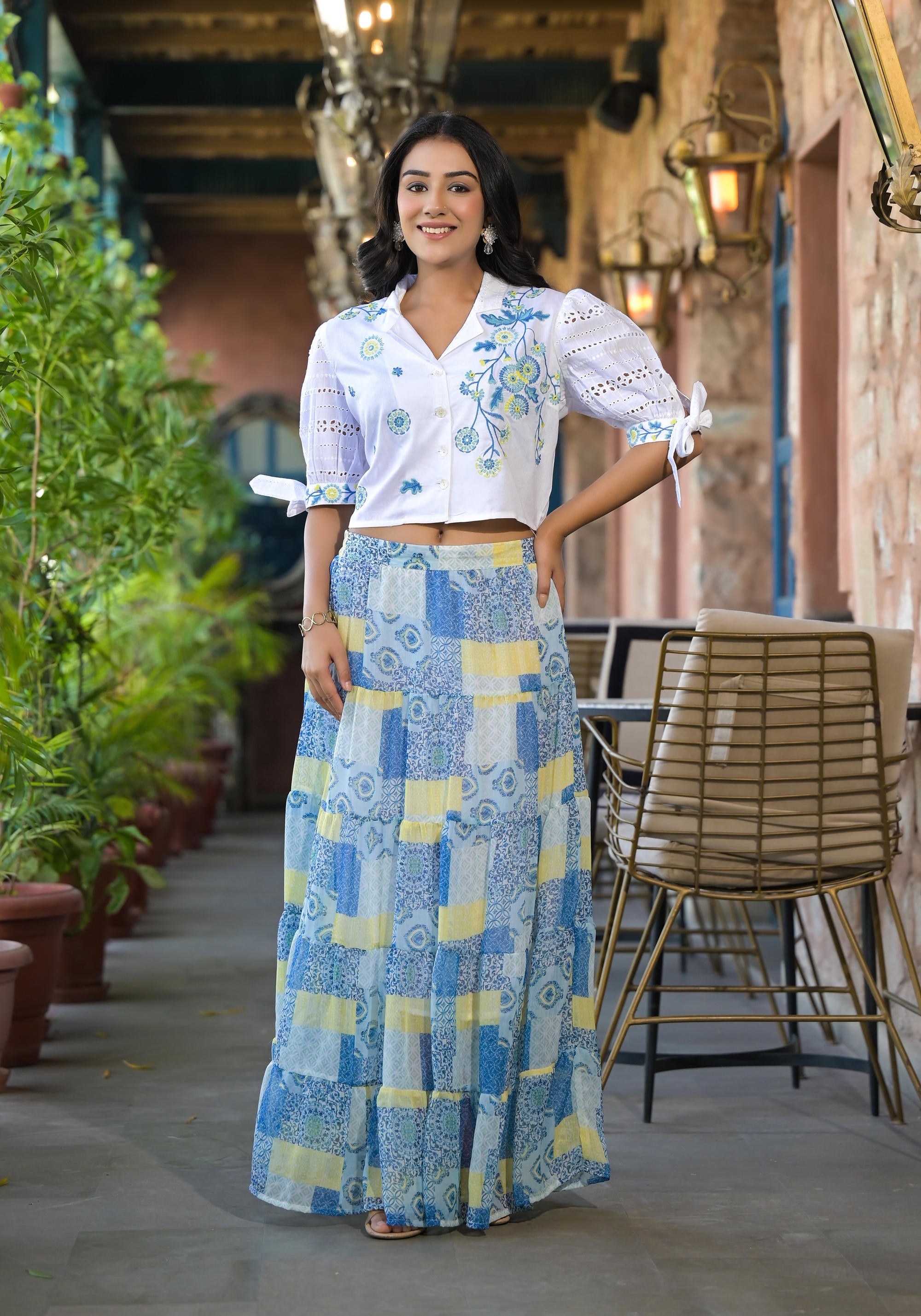 White & Blue Ethnic Motif Printed Top & Skirt With Thread Work