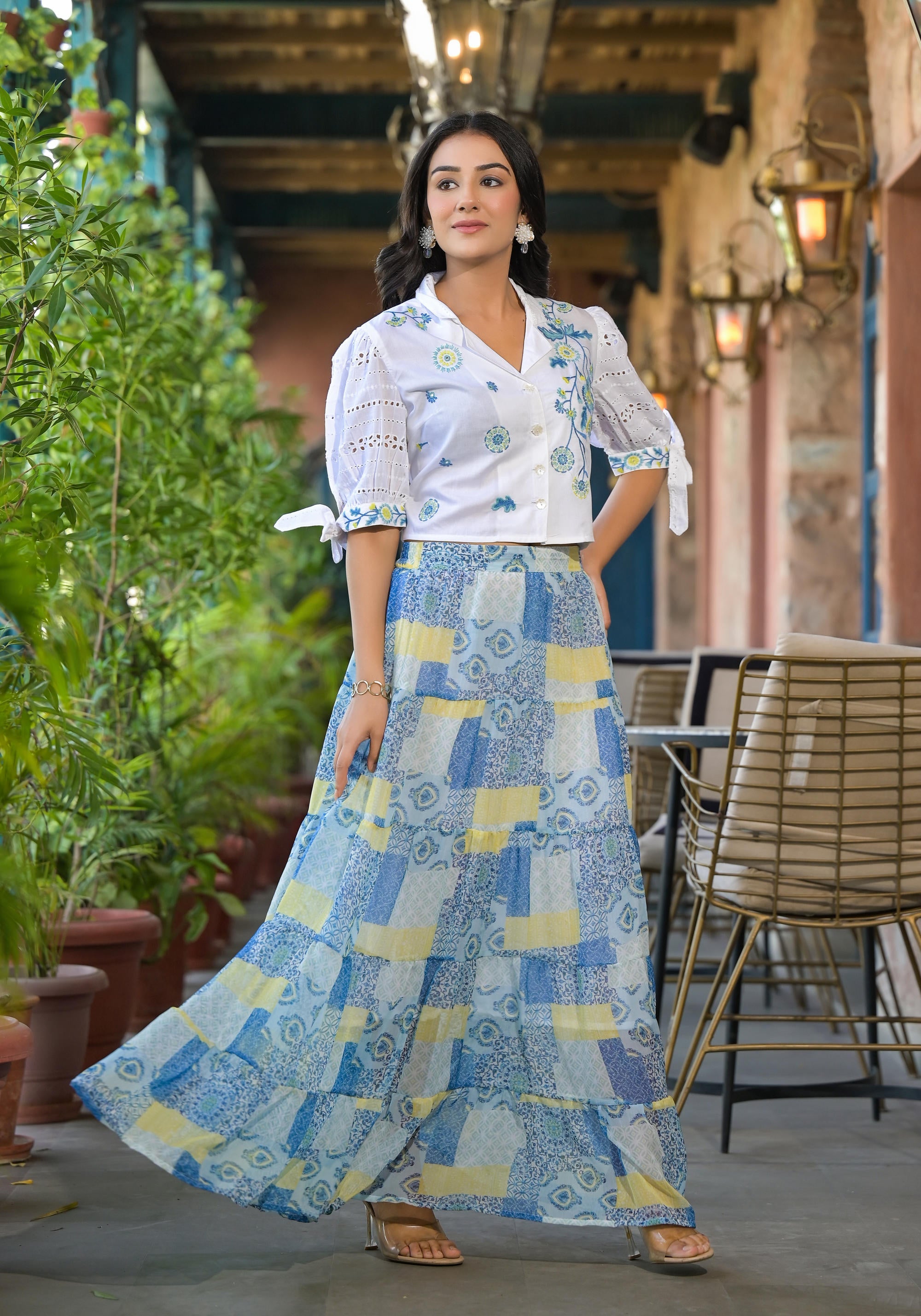 White & Blue Ethnic Motif Printed Top & Skirt With Thread Work