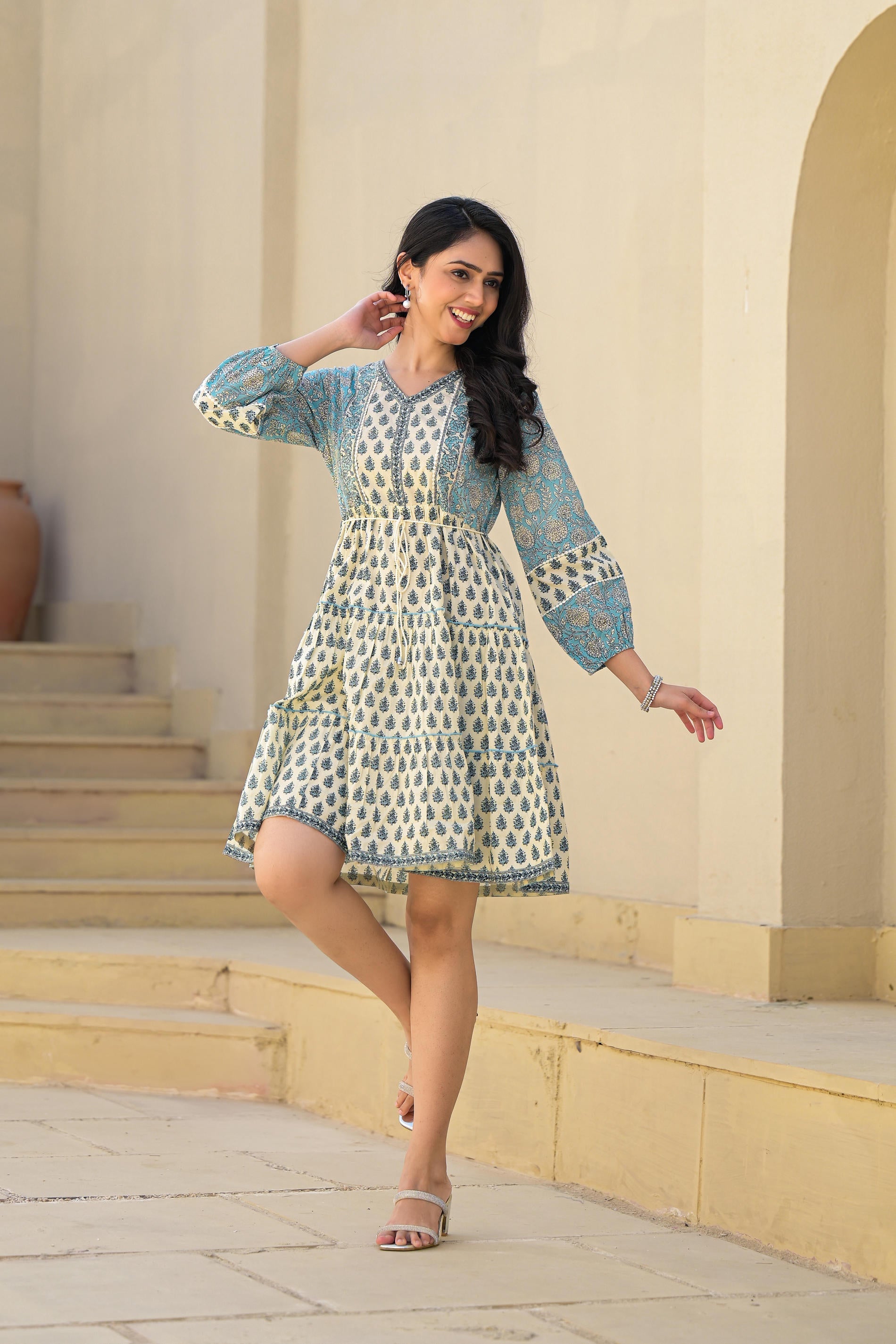 Blue Ethnic Motif Printed Cotton Short Dress With Doris