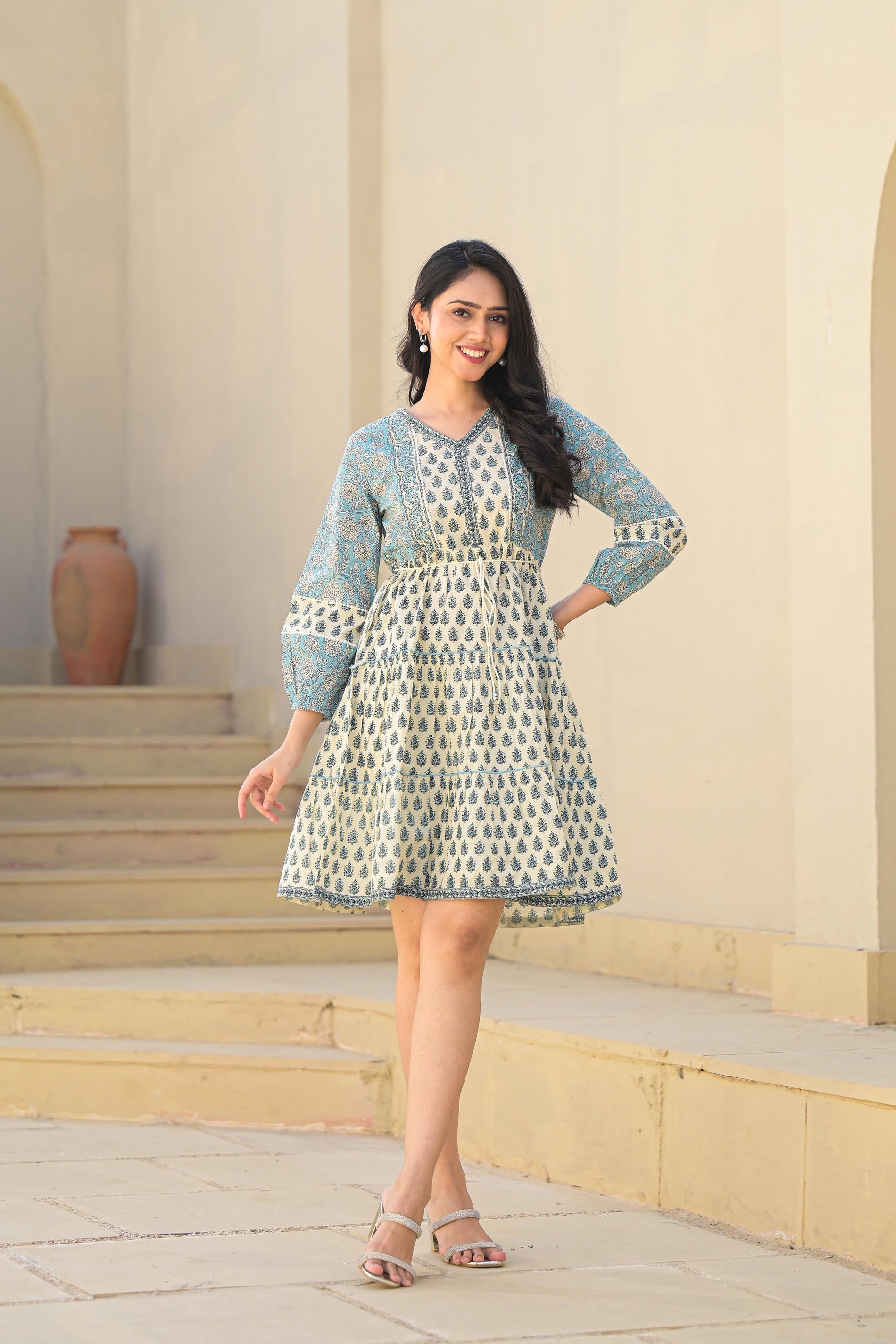 Blue Ethnic Motif Printed Cotton Short Dress With Doris