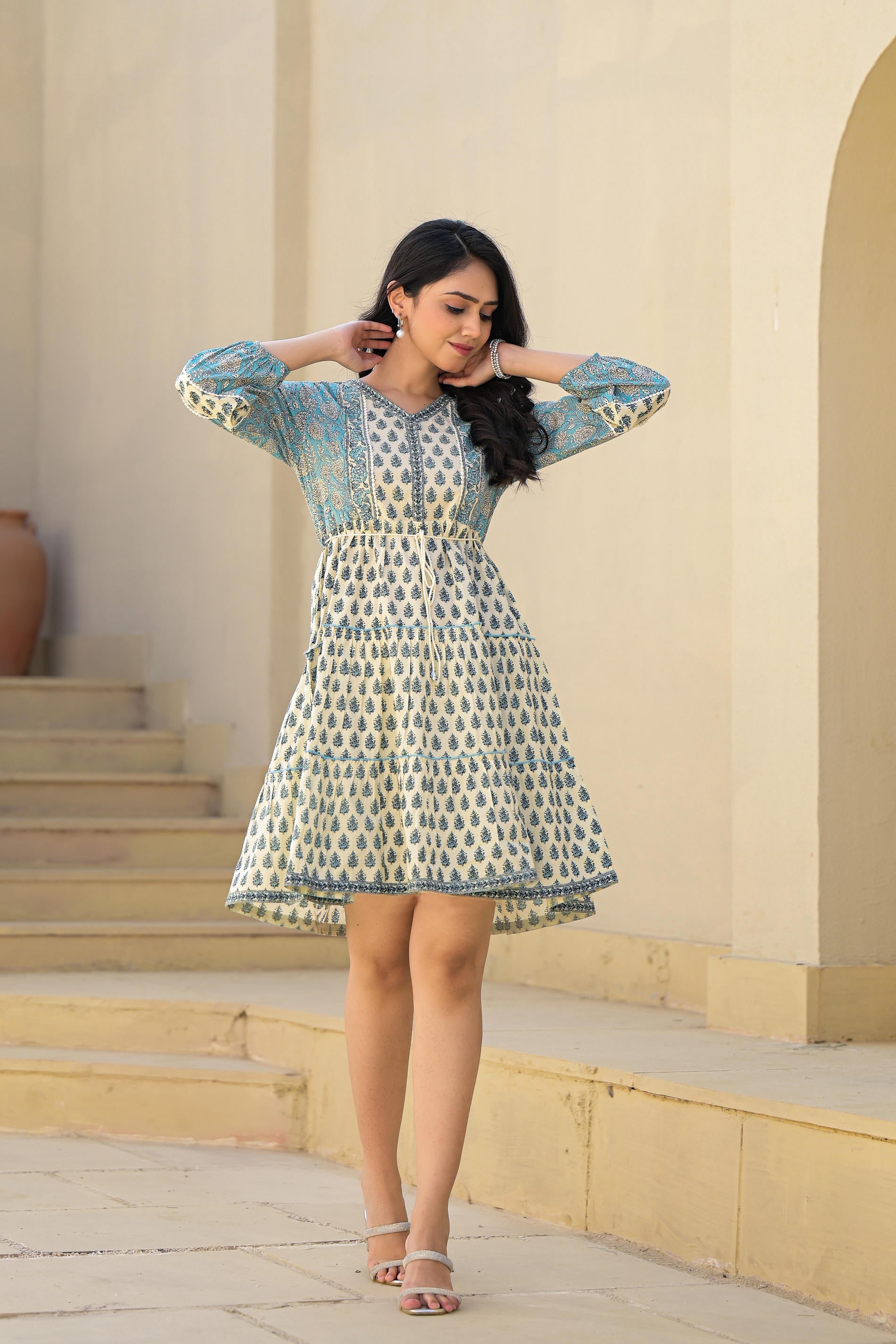 Blue Ethnic Motif Printed Cotton Short Dress With Doris