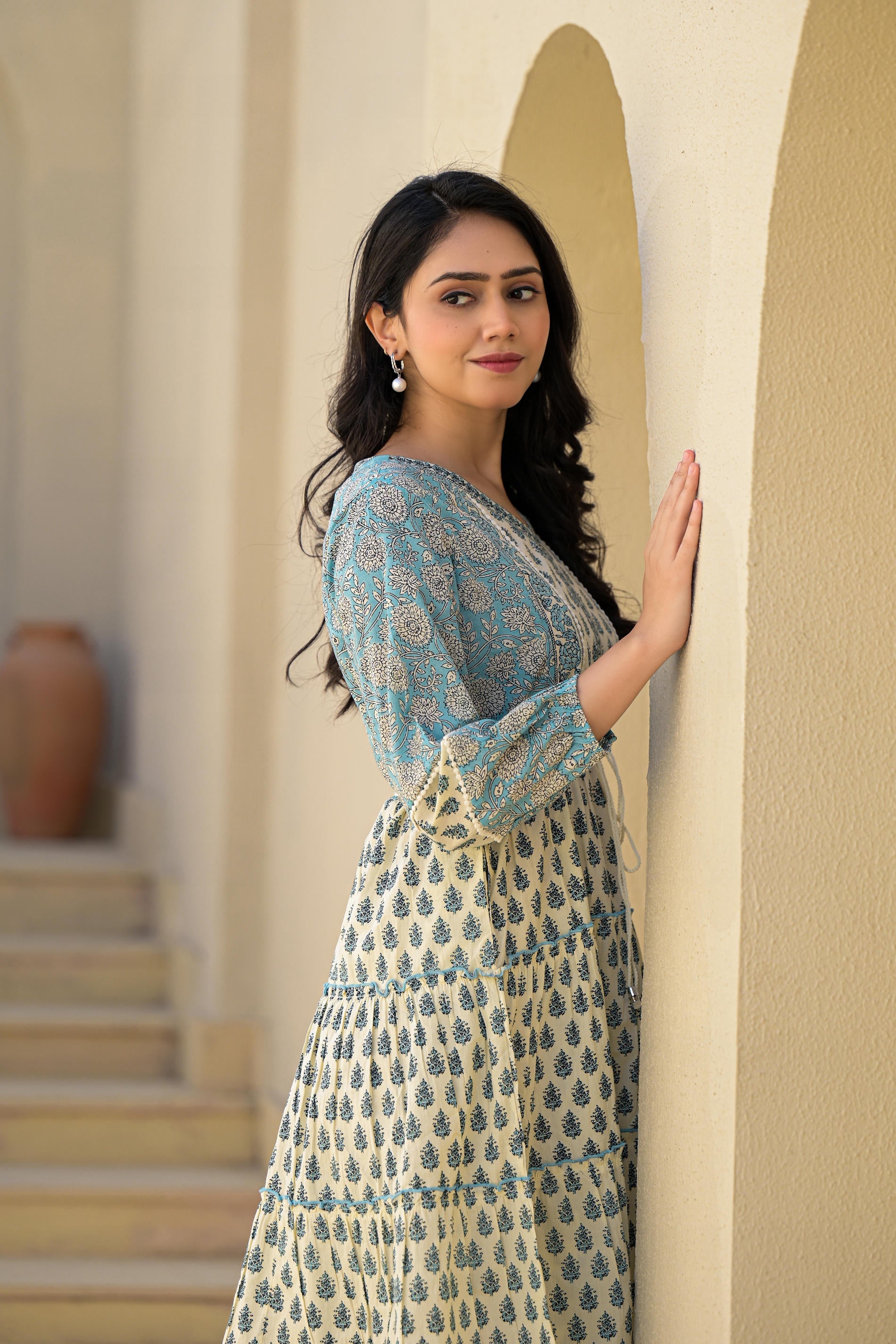 Blue Ethnic Motif Printed Cotton Short Dress With Doris