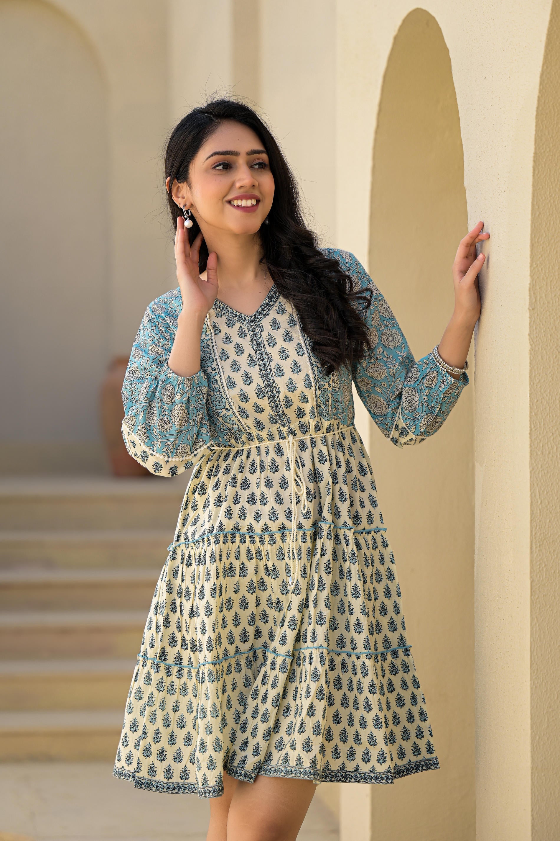 Blue Ethnic Motif Printed Cotton Short Dress With Doris