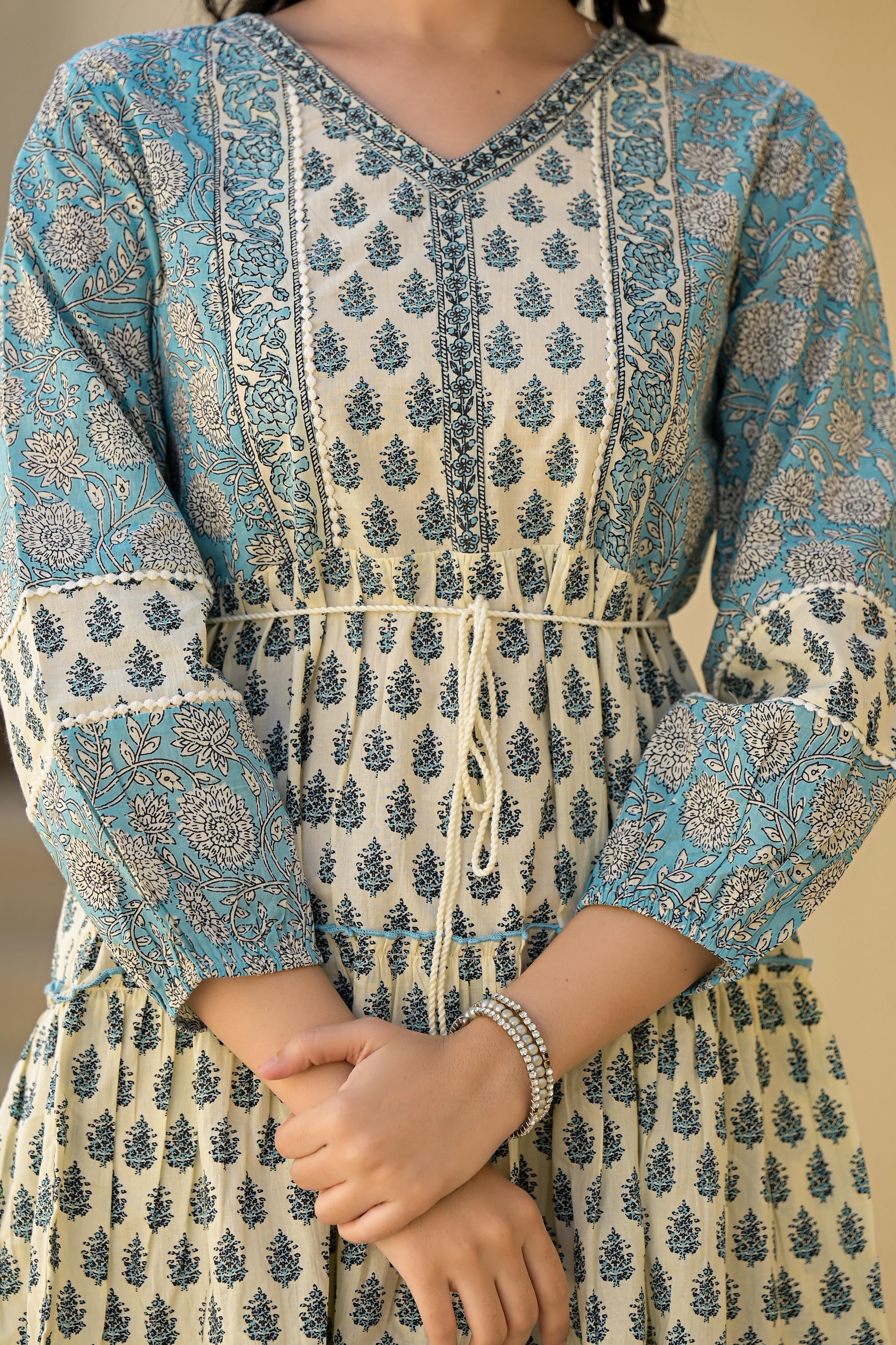 Blue Ethnic Motif Printed Cotton Short Dress With Doris