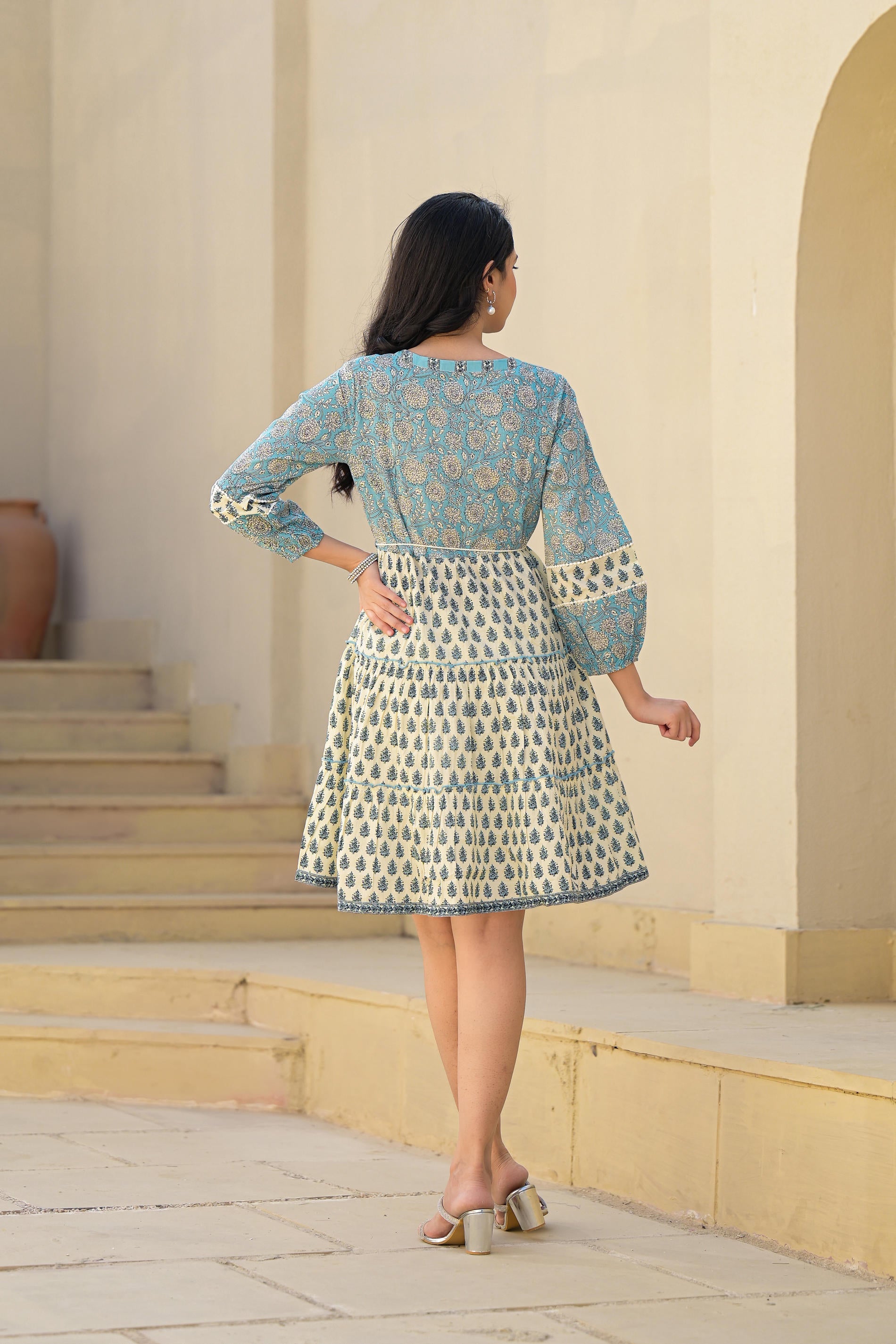 Blue Ethnic Motif Printed Cotton Short Dress With Doris