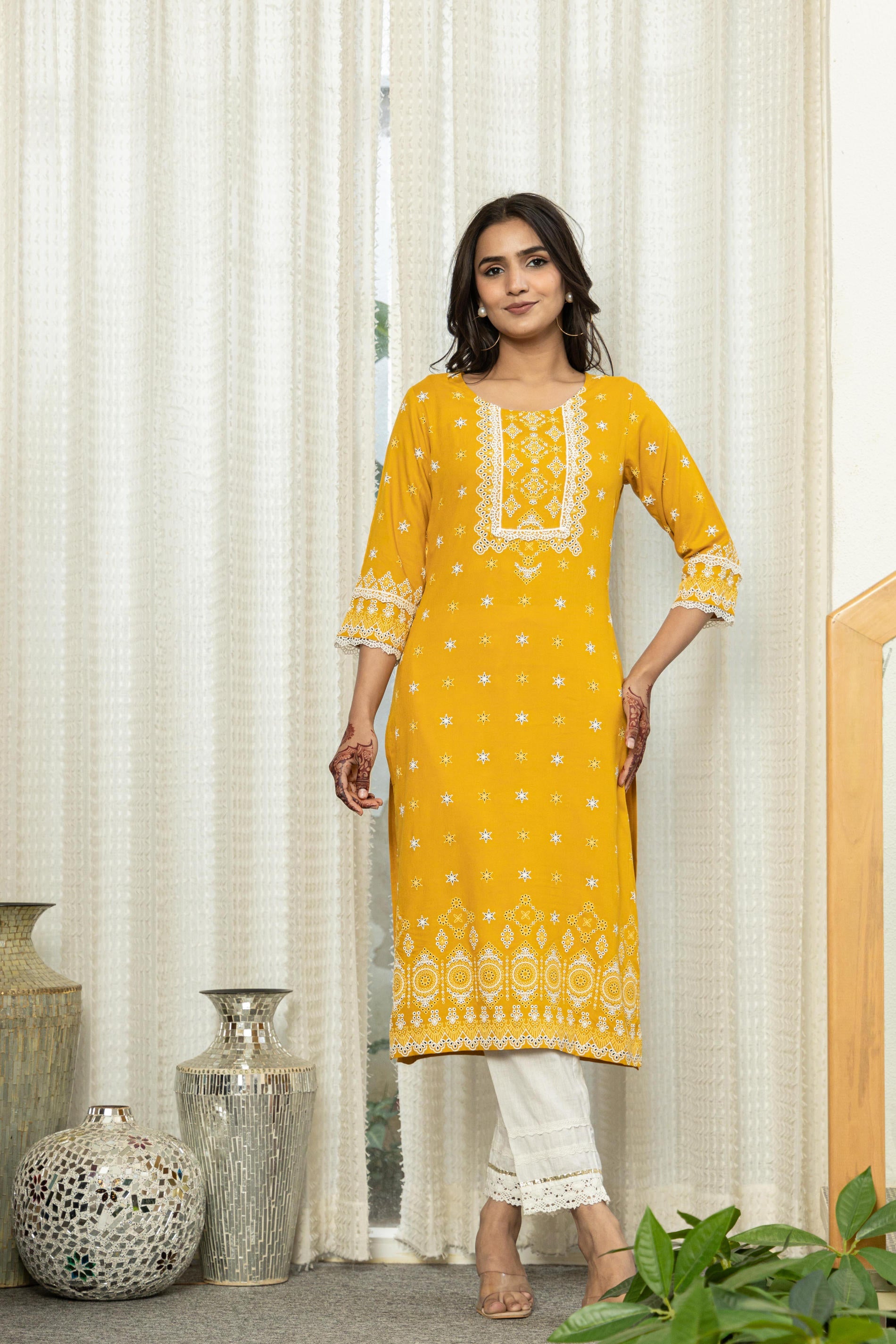 Mustard Ethnic Motif Printed Viscose Kurta With Lace